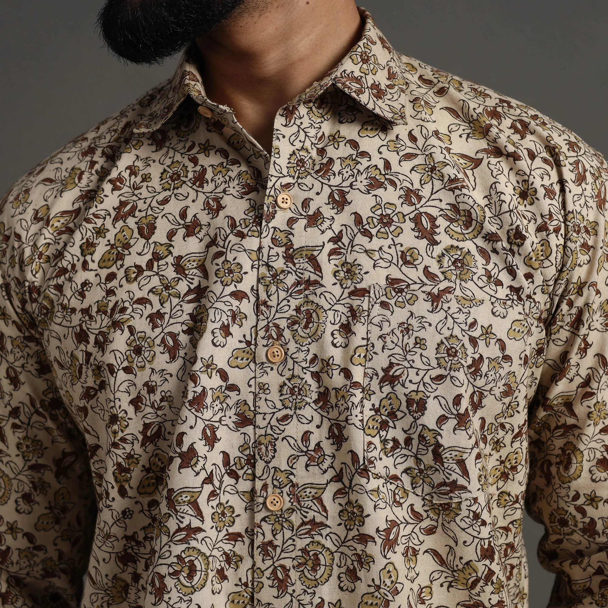 Beige - Pedana Block Print Cotton Men Kalamkari Shirt 08 - Image 5