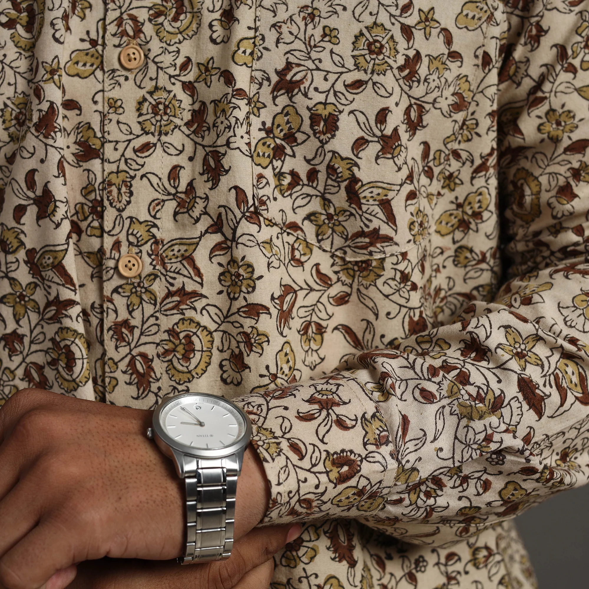 Beige - Pedana Block Print Cotton Men Kalamkari Shirt 08 - Image 6