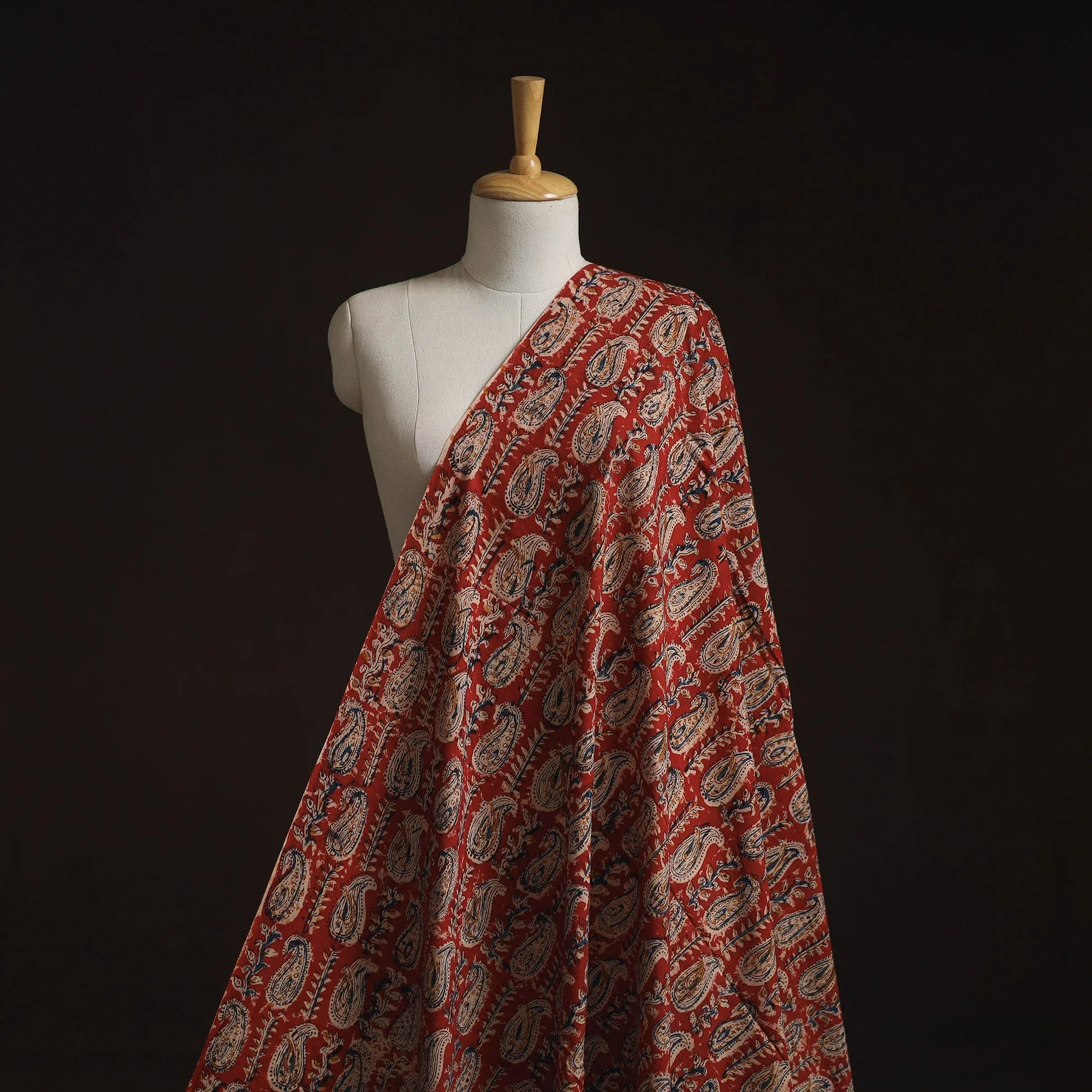 Red - Pedana Hand Block Print Natural Dyed Cotton Kalamkari Fabric 07