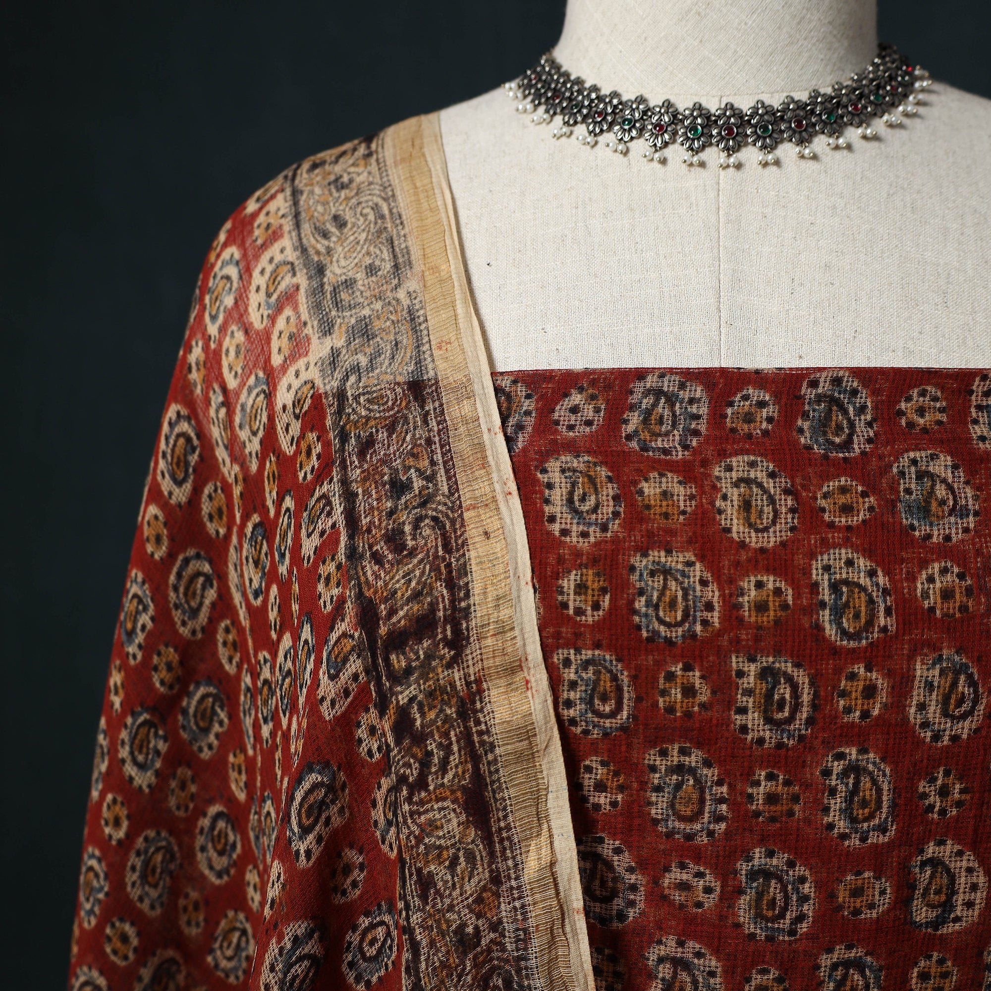 Pedana Kalamkari Block Print Kota Doria Cotton 2pc Unstitched Dress Material Kurta Set 01 - Image 3