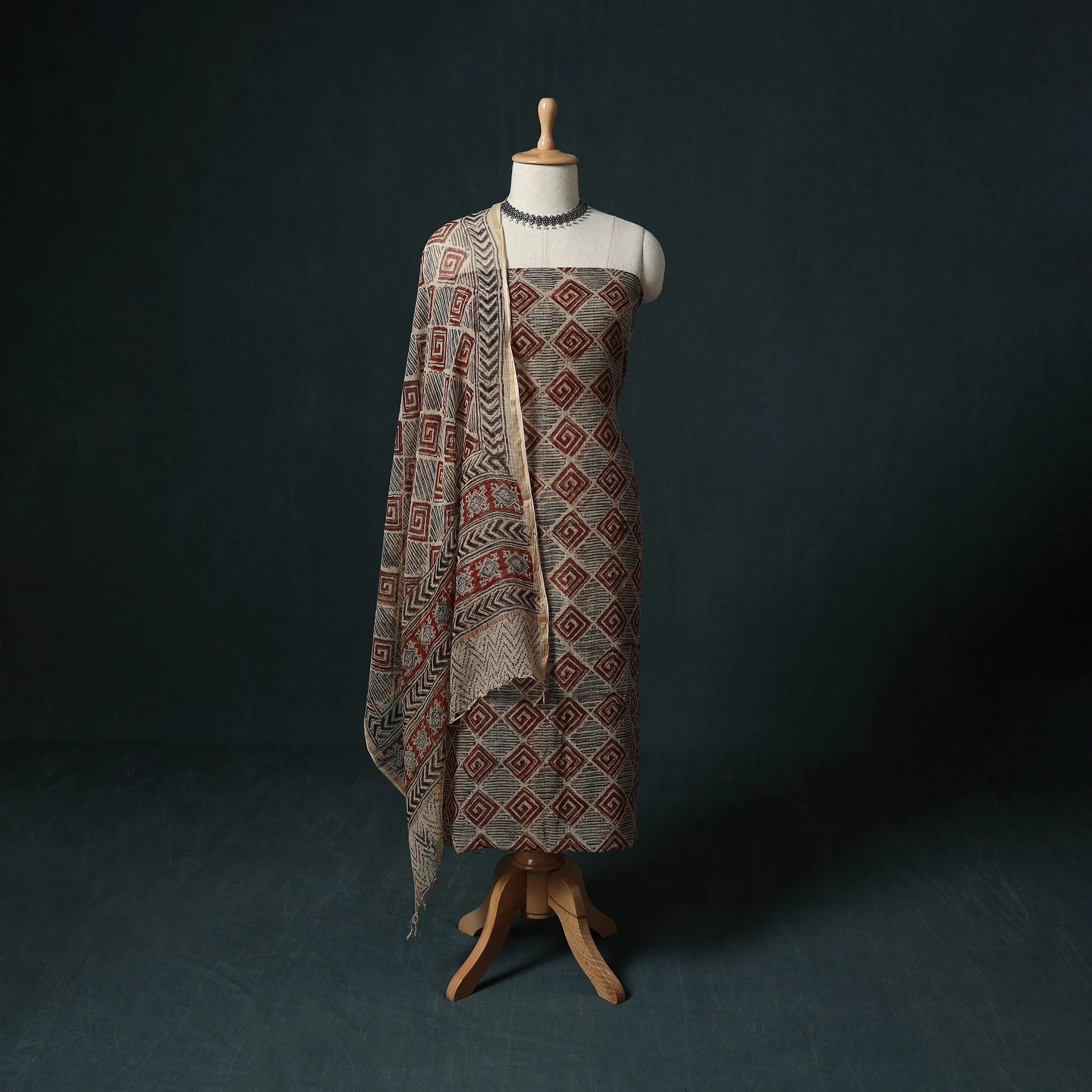 Pedana Kalamkari Block Print Kota Doria Cotton 2pc Unstitched Dress Material Kurta Set 06