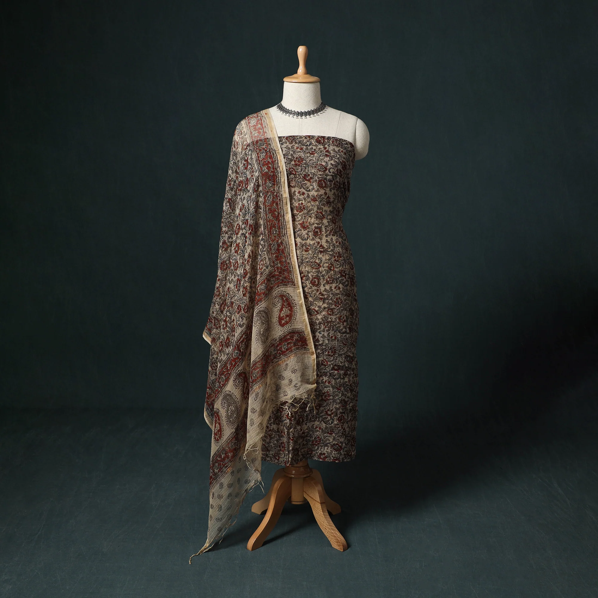 Pedana Kalamkari Block Print Kota Doria Cotton 2pc Unstitched Dress Material Kurta Set 33