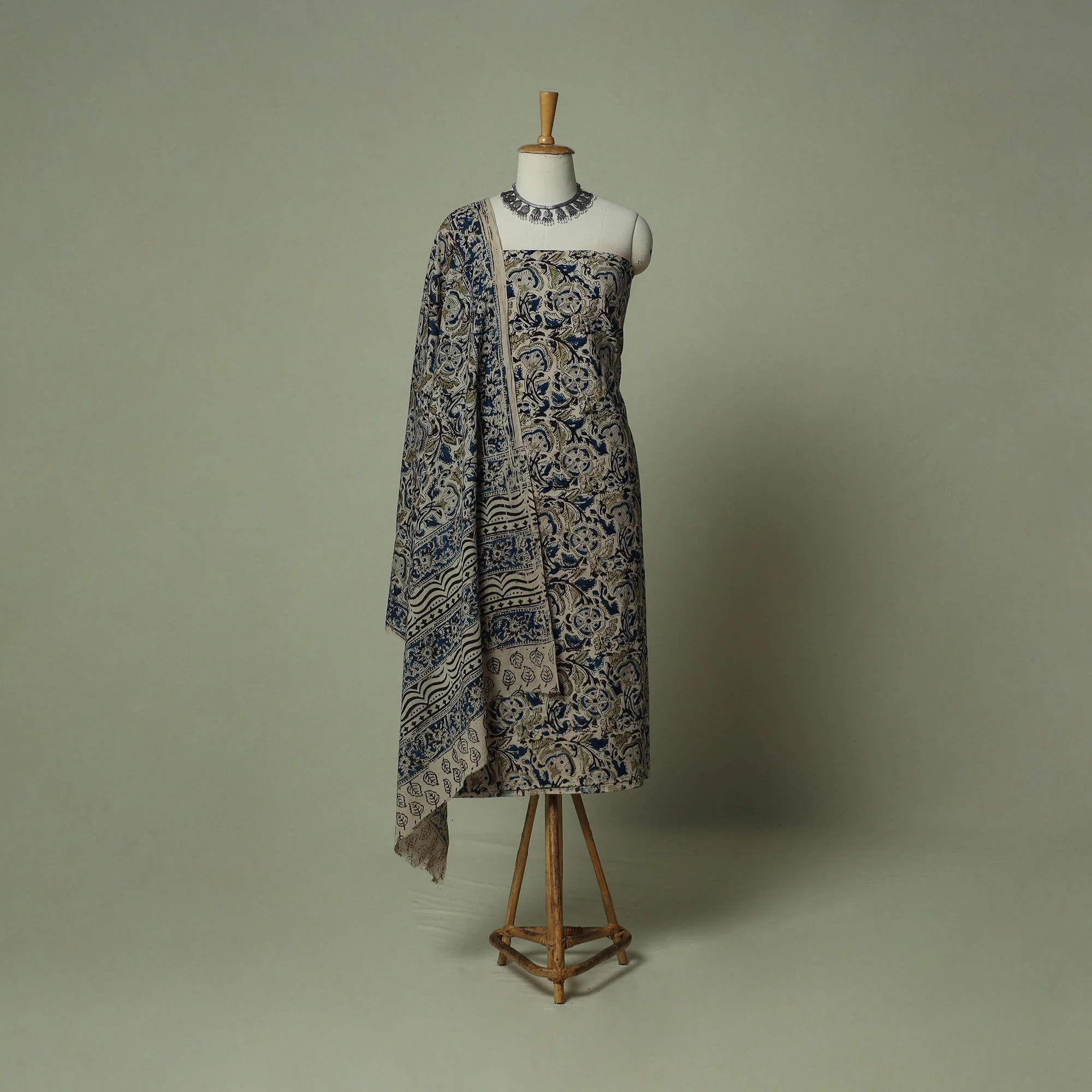 Pedana Kalamkari Hand Block Print Natural Dyed Cotton 3pc Unstitched Dress Material Suit Set 02