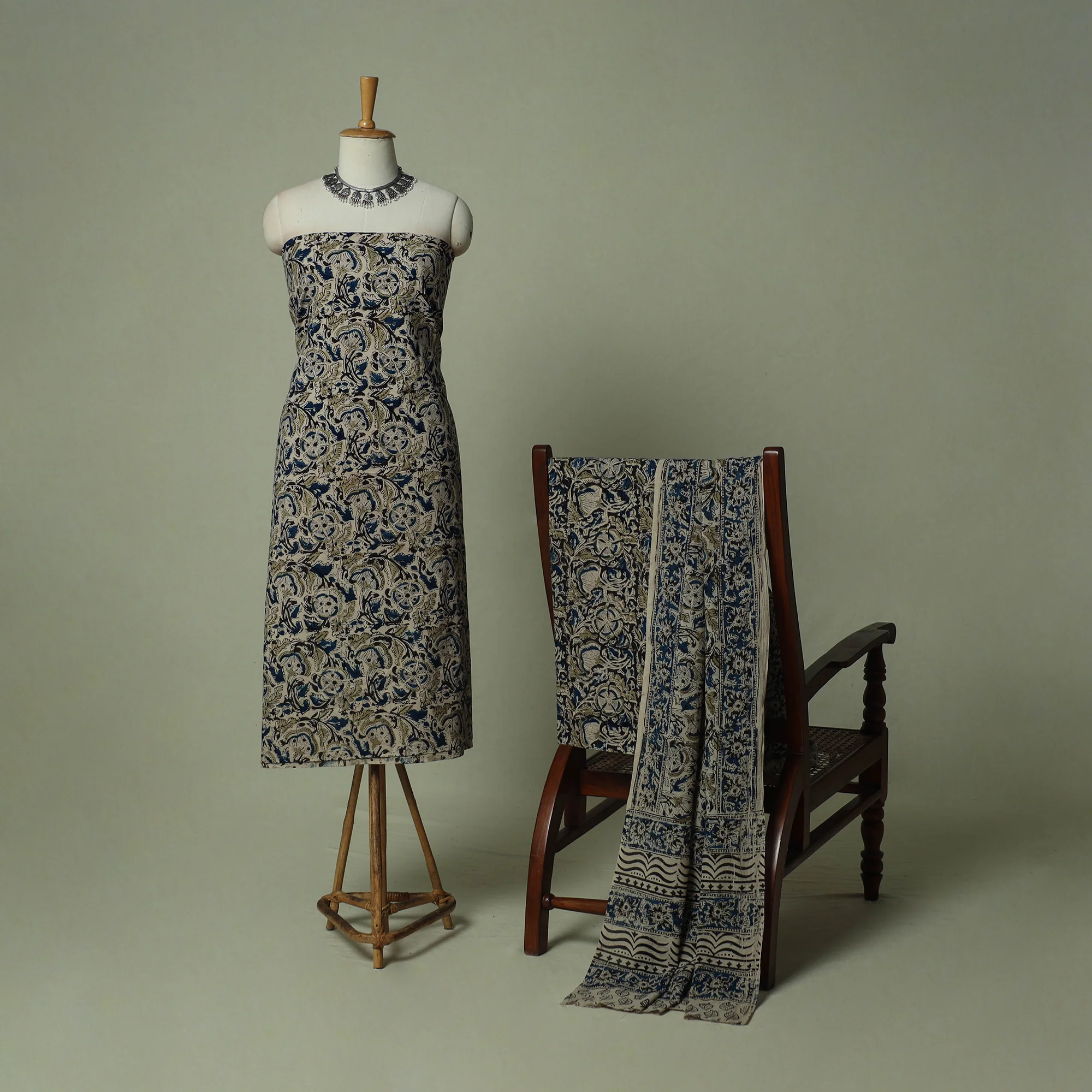 Pedana Kalamkari Hand Block Print Natural Dyed Cotton 3pc Unstitched Dress Material Suit Set 02 - Image 2