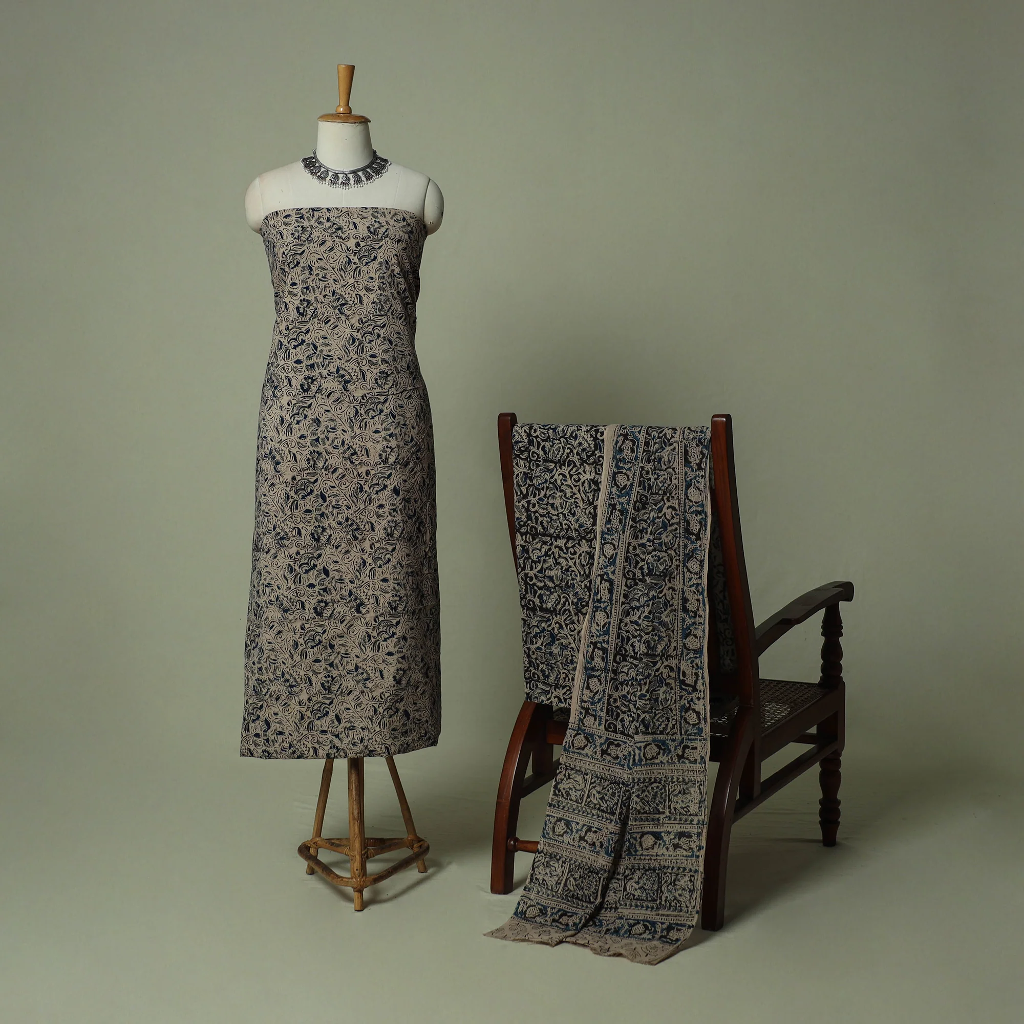 Pedana Kalamkari Hand Block Print Natural Dyed Cotton 3pc Unstitched Dress Material Suit Set 04 - Image 2