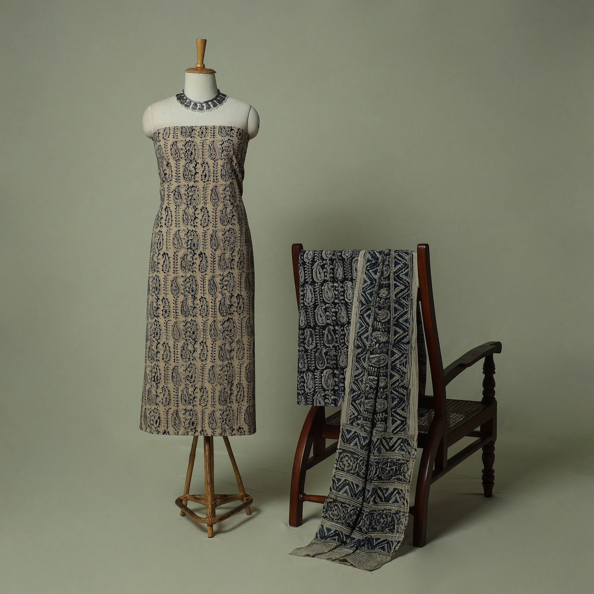 Pedana Kalamkari Hand Block Print Natural Dyed Cotton 3pc Unstitched Dress Material Suit Set 05 - Image 2
