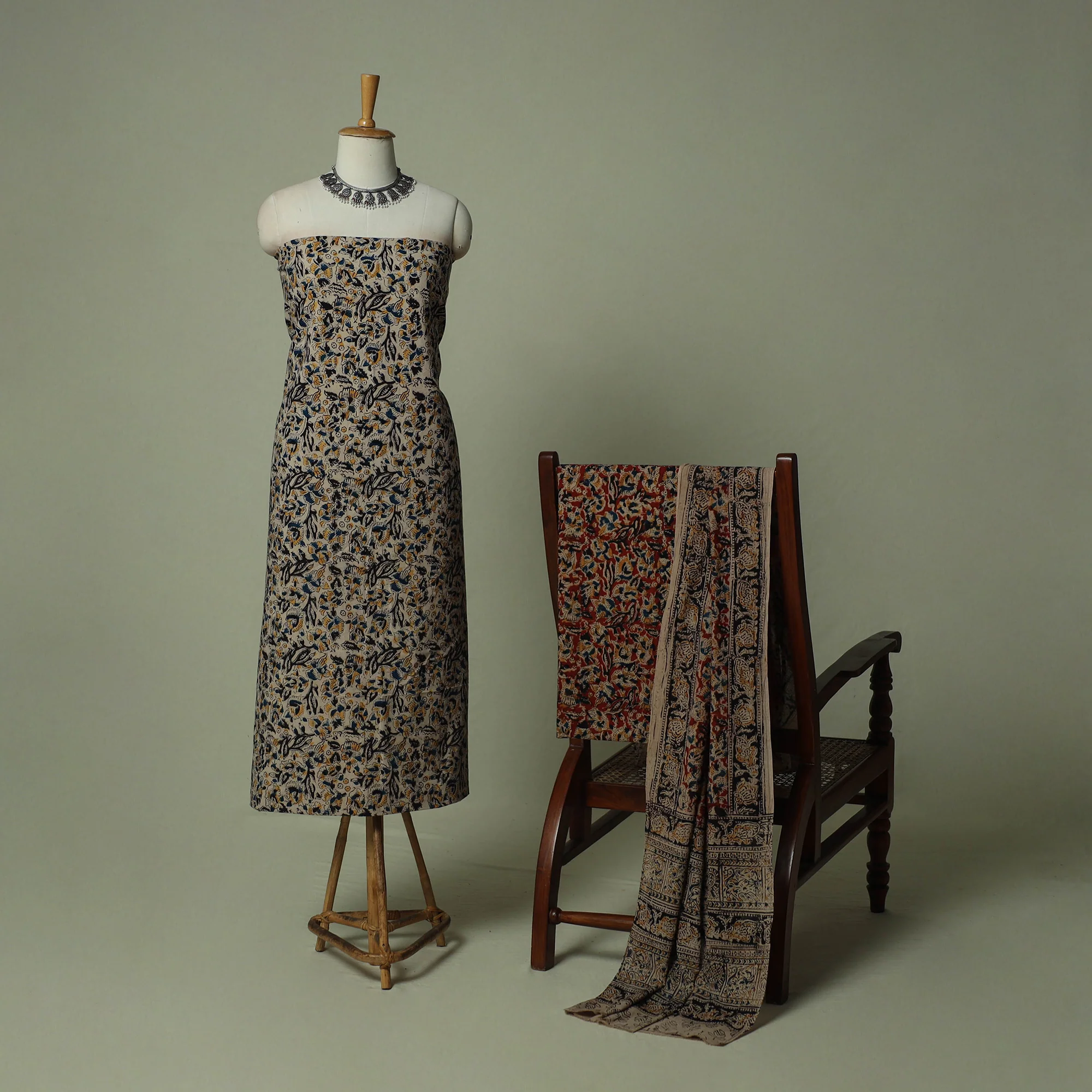 Pedana Kalamkari Hand Block Print Natural Dyed Cotton 3pc Unstitched Dress Material Suit Set 06 - Image 2