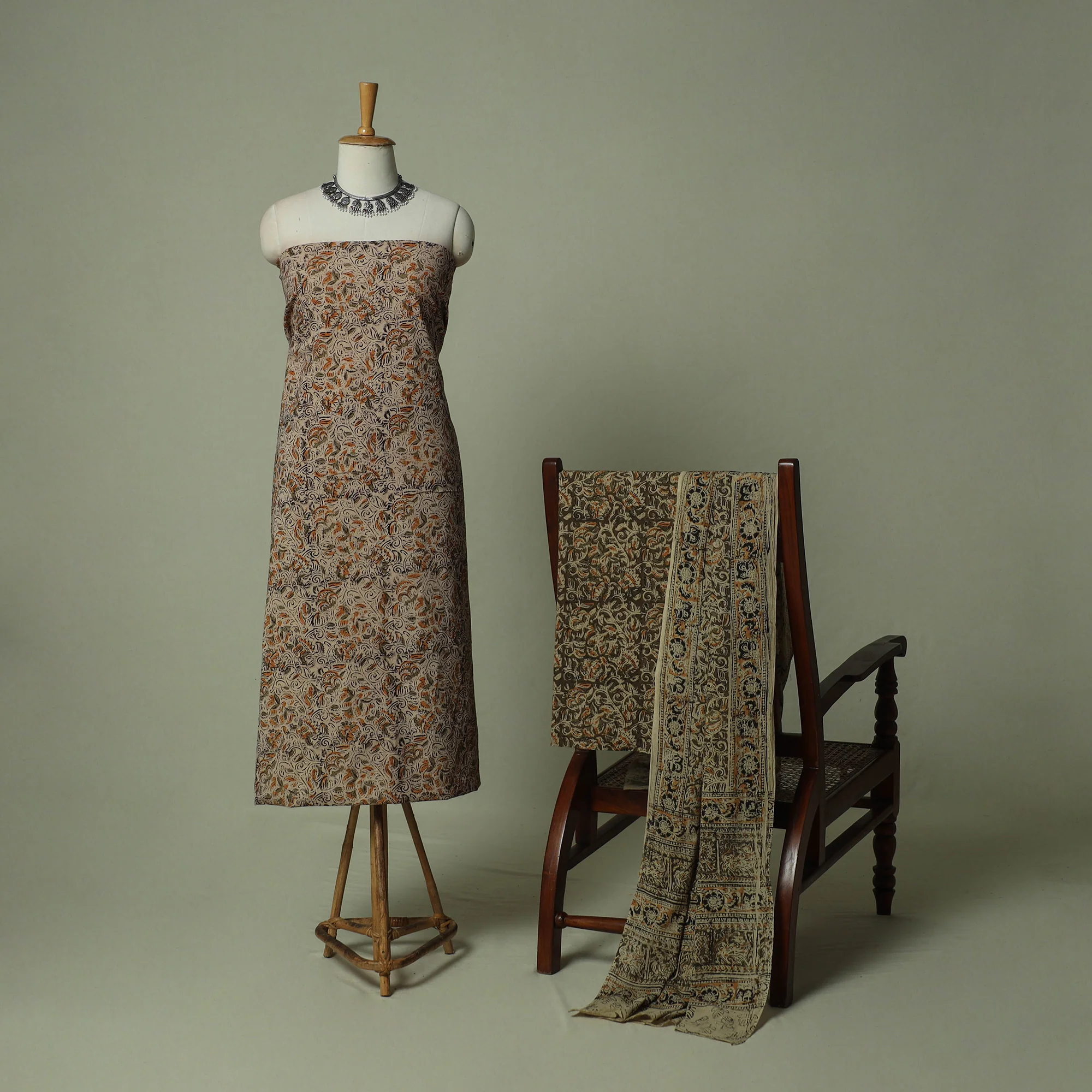 Pedana Kalamkari Hand Block Print Natural Dyed Cotton 3pc Unstitched Dress Material Suit Set 07 - Image 2