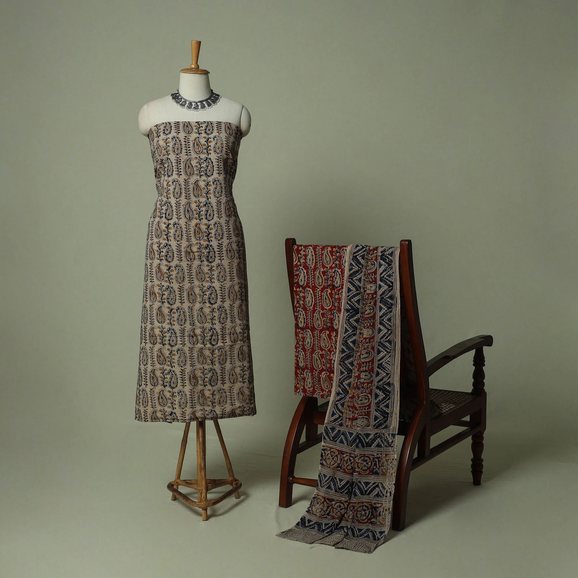 Pedana Kalamkari Hand Block Print Natural Dyed Cotton 3pc Unstitched Dress Material Suit Set 08 - Image 2