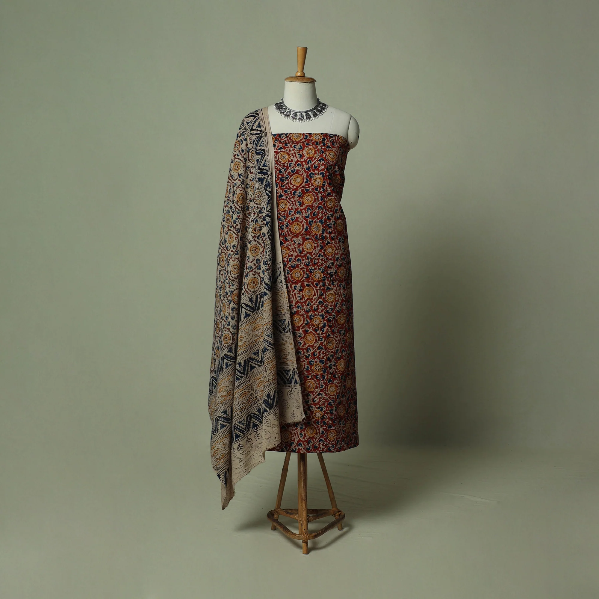 Pedana Kalamkari Hand Block Print Natural Dyed Cotton 3pc Unstitched Dress Material Suit Set 11