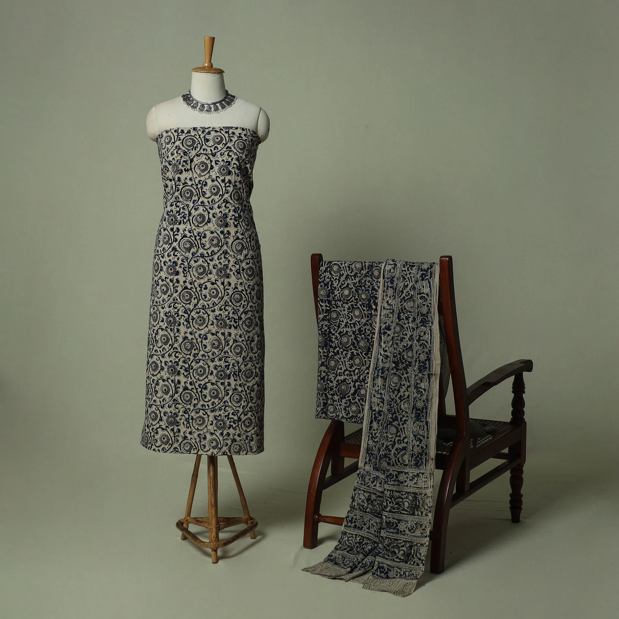 Pedana Kalamkari Hand Block Print Natural Dyed Cotton 3pc Unstitched Dress Material Suit Set 12 - Image 2