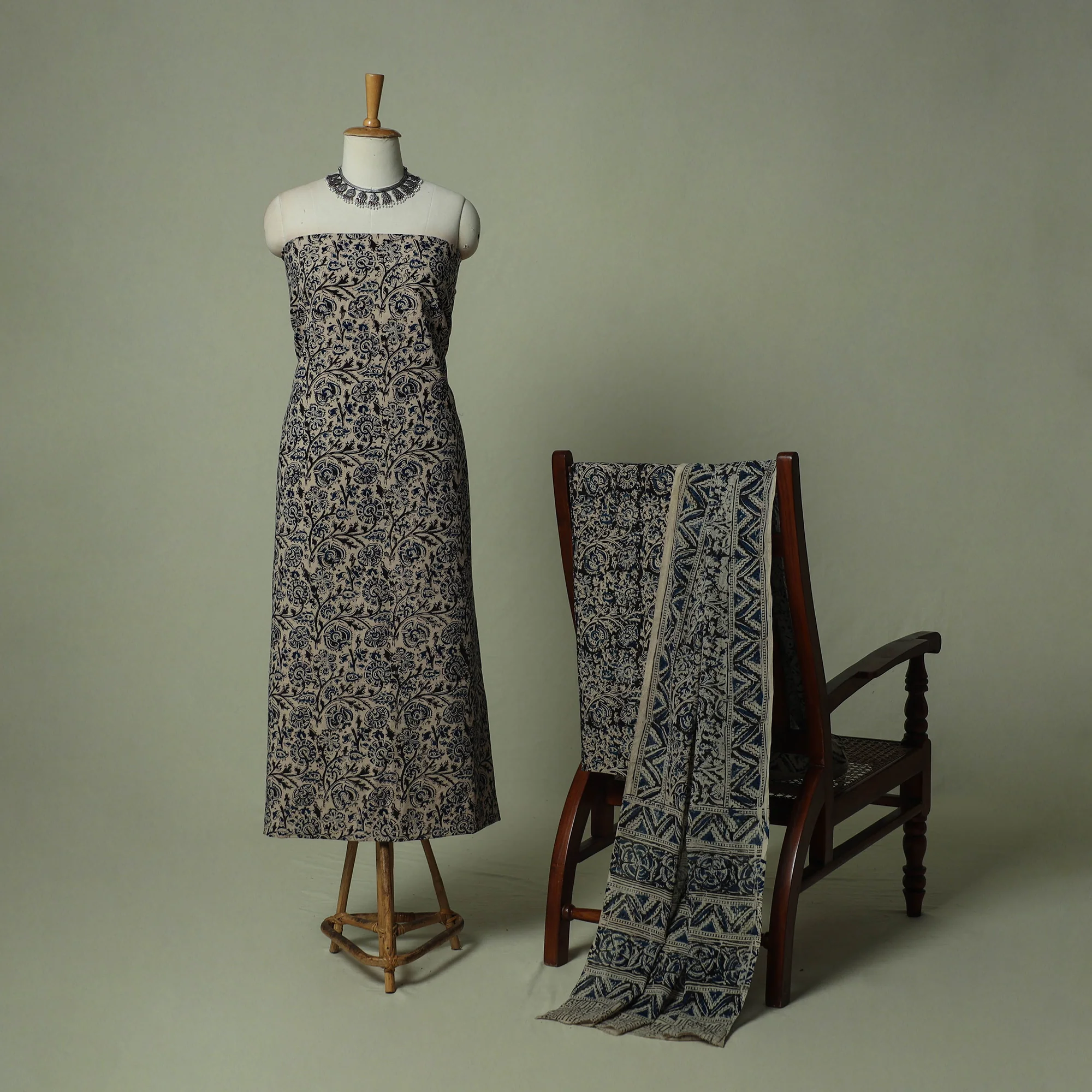 Pedana Kalamkari Hand Block Print Natural Dyed Cotton 3pc Unstitched Dress Material Suit Set 13 - Image 2