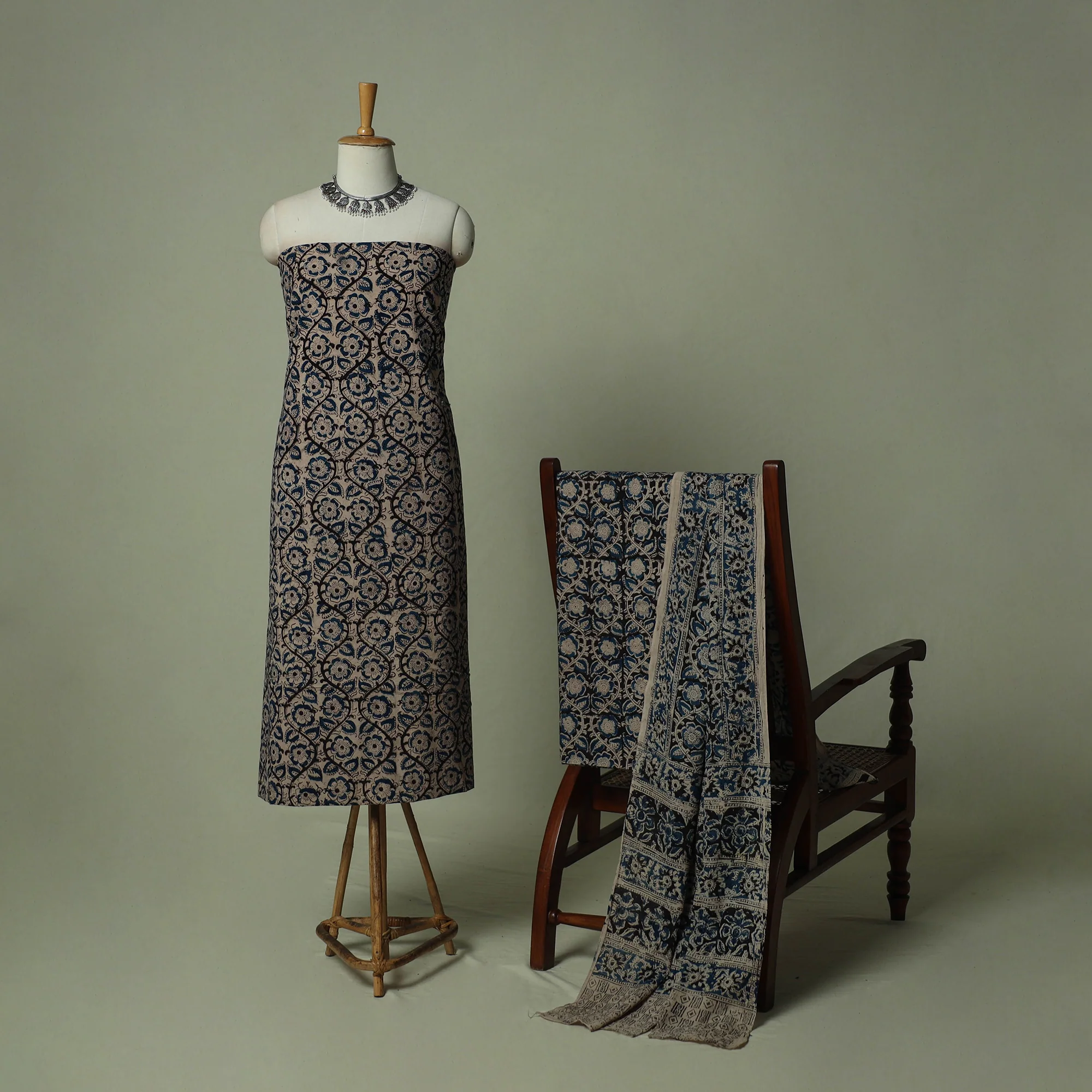 Pedana Kalamkari Hand Block Print Natural Dyed Cotton 3pc Unstitched Dress Material Suit Set 14 - Image 2