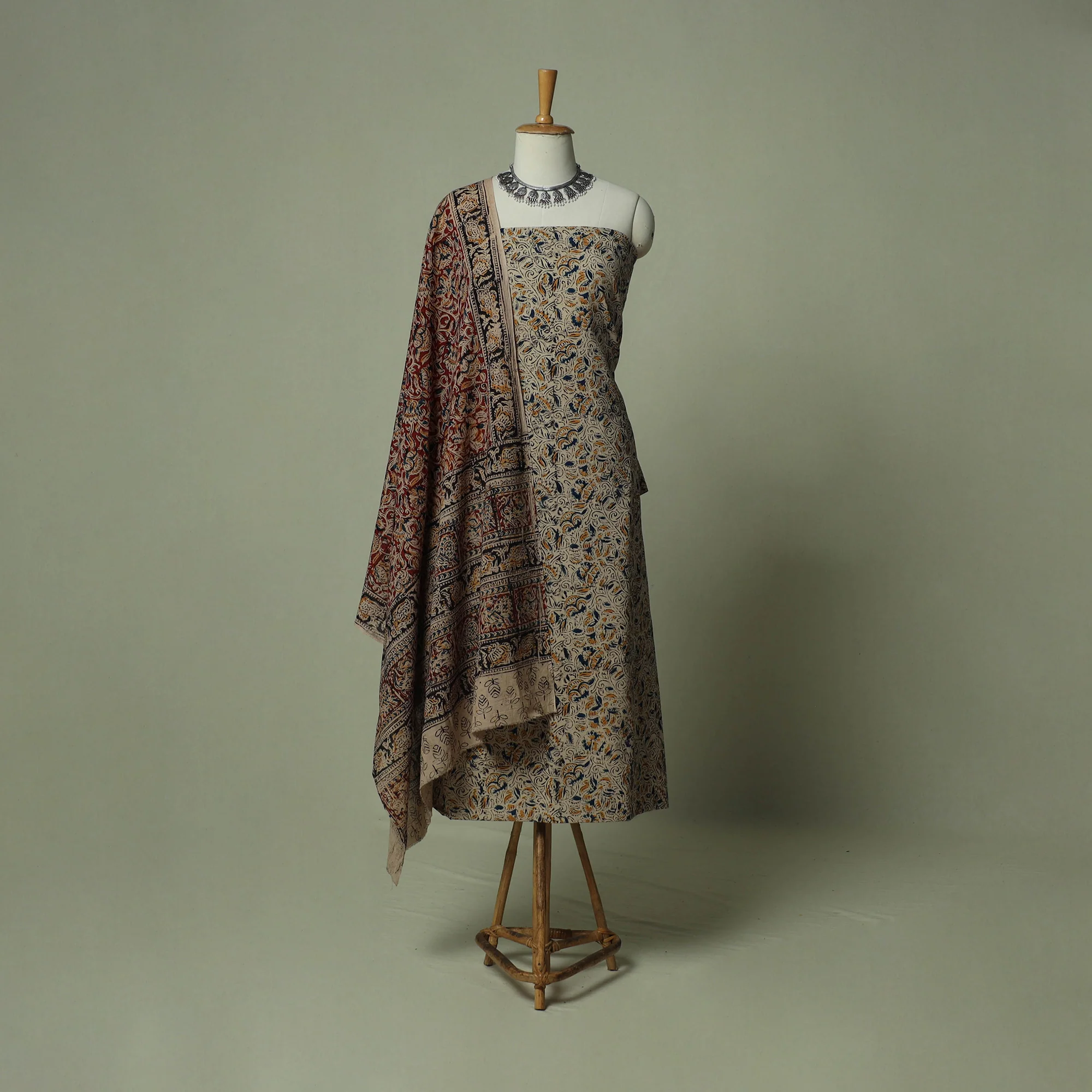Pedana Kalamkari Hand Block Print Natural Dyed Cotton 3pc Unstitched Dress Material Suit Set 15