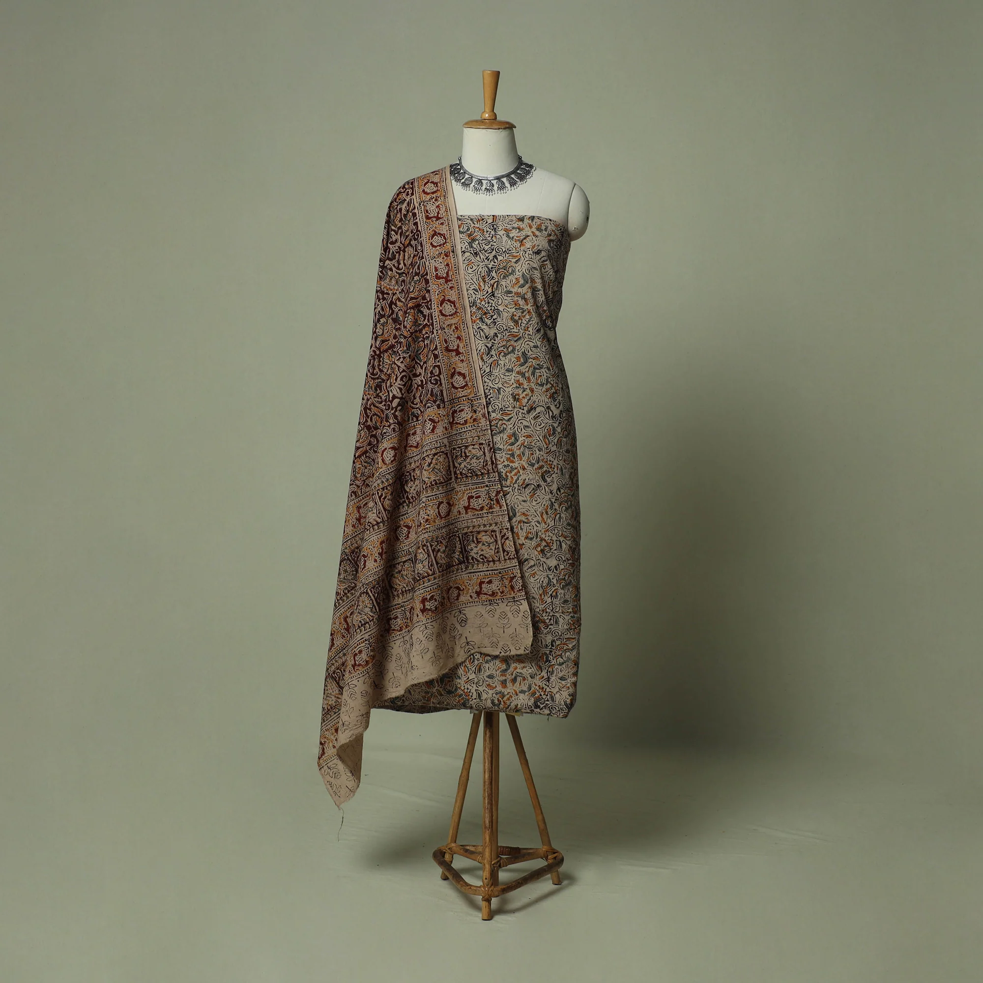 Pedana Kalamkari Hand Block Print Natural Dyed Cotton 3pc Unstitched Dress Material Suit Set 16