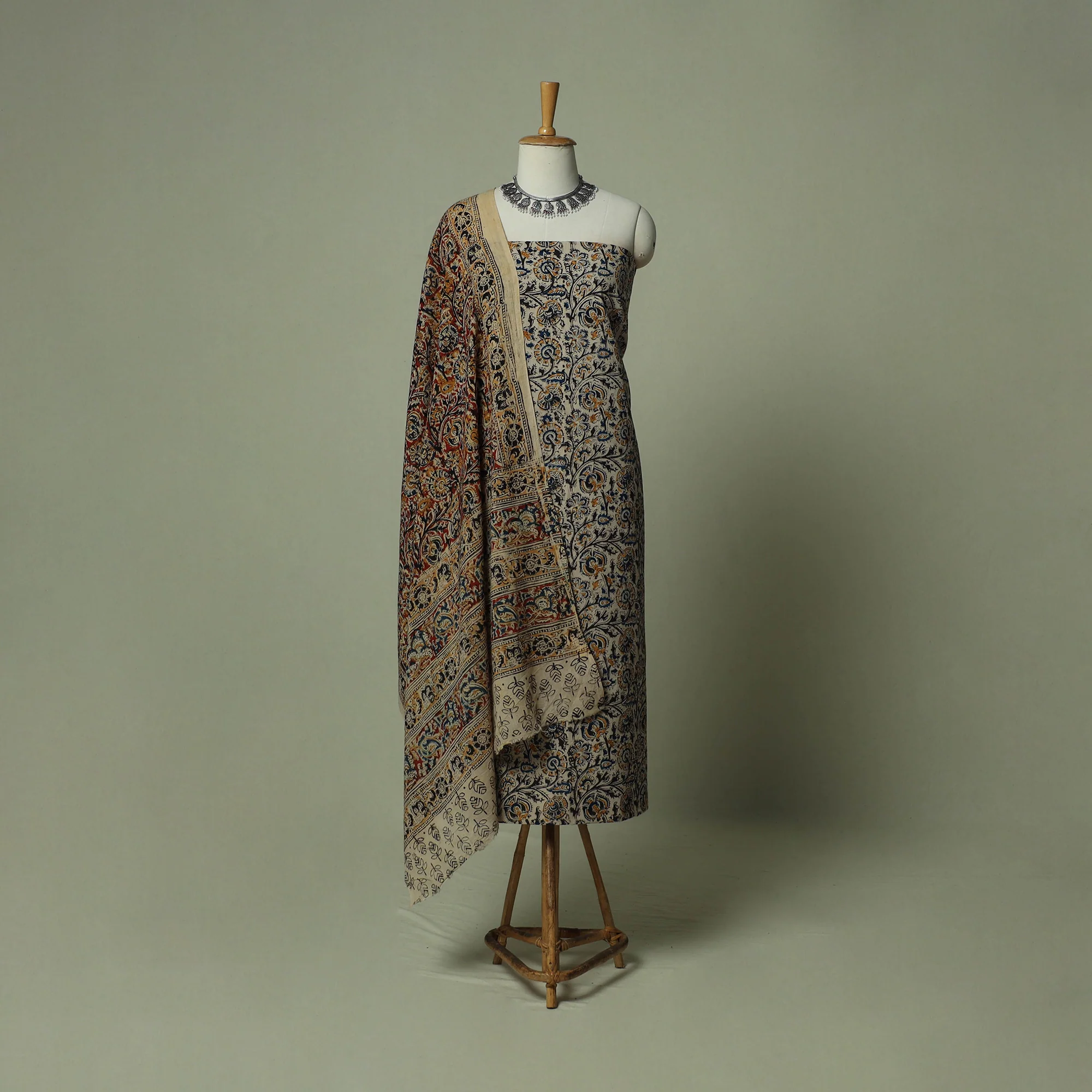 Pedana Kalamkari Hand Block Print Natural Dyed Cotton 3pc Unstitched Dress Material Suit Set 17