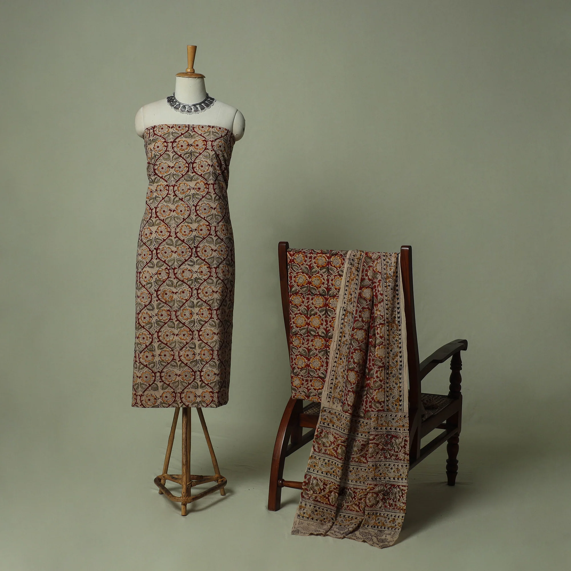 Pedana Kalamkari Hand Block Print Natural Dyed Cotton 3pc Unstitched Dress Material Suit Set 21 - Image 2