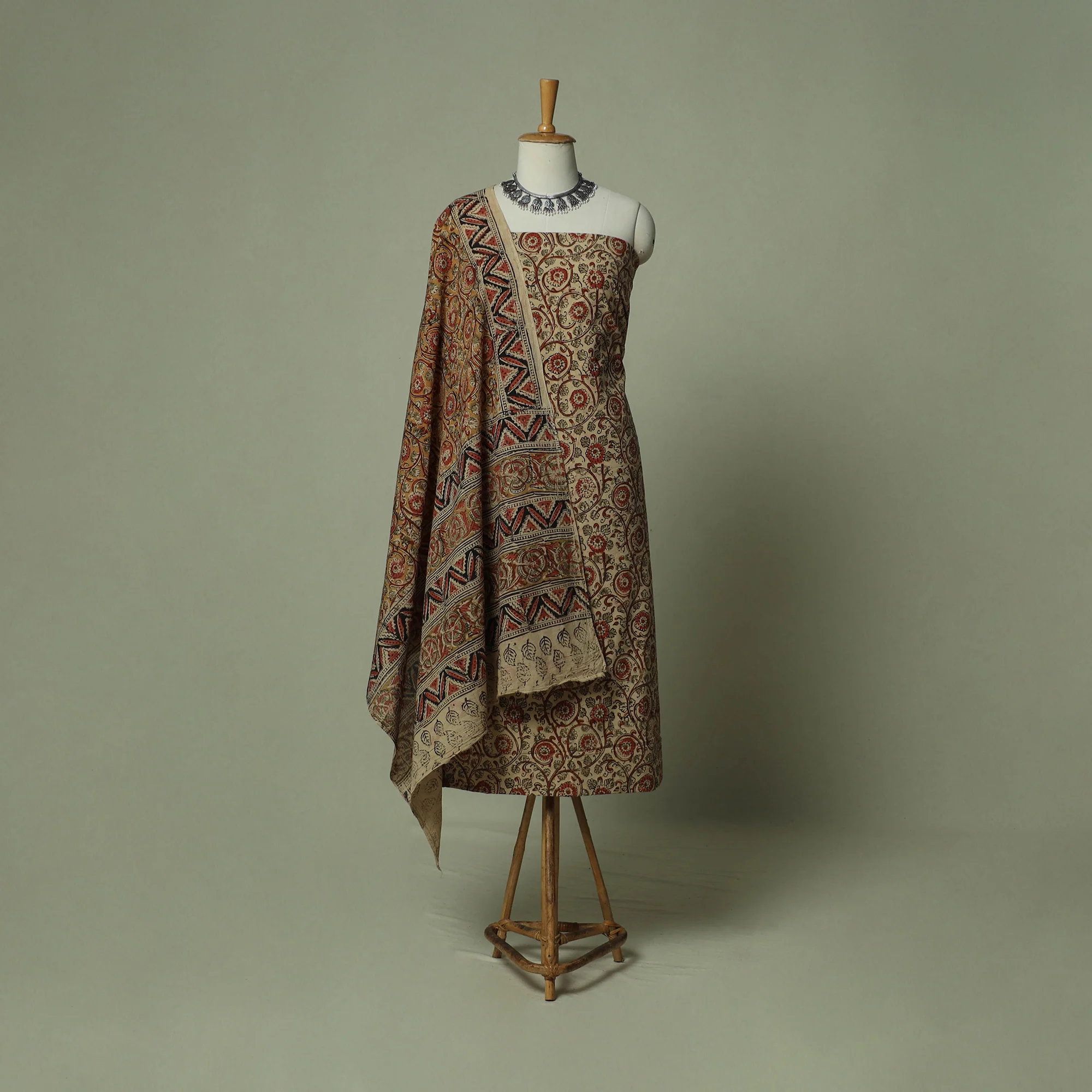 Pedana Kalamkari Hand Block Print Natural Dyed Cotton 3pc Unstitched Dress Material Suit Set 26