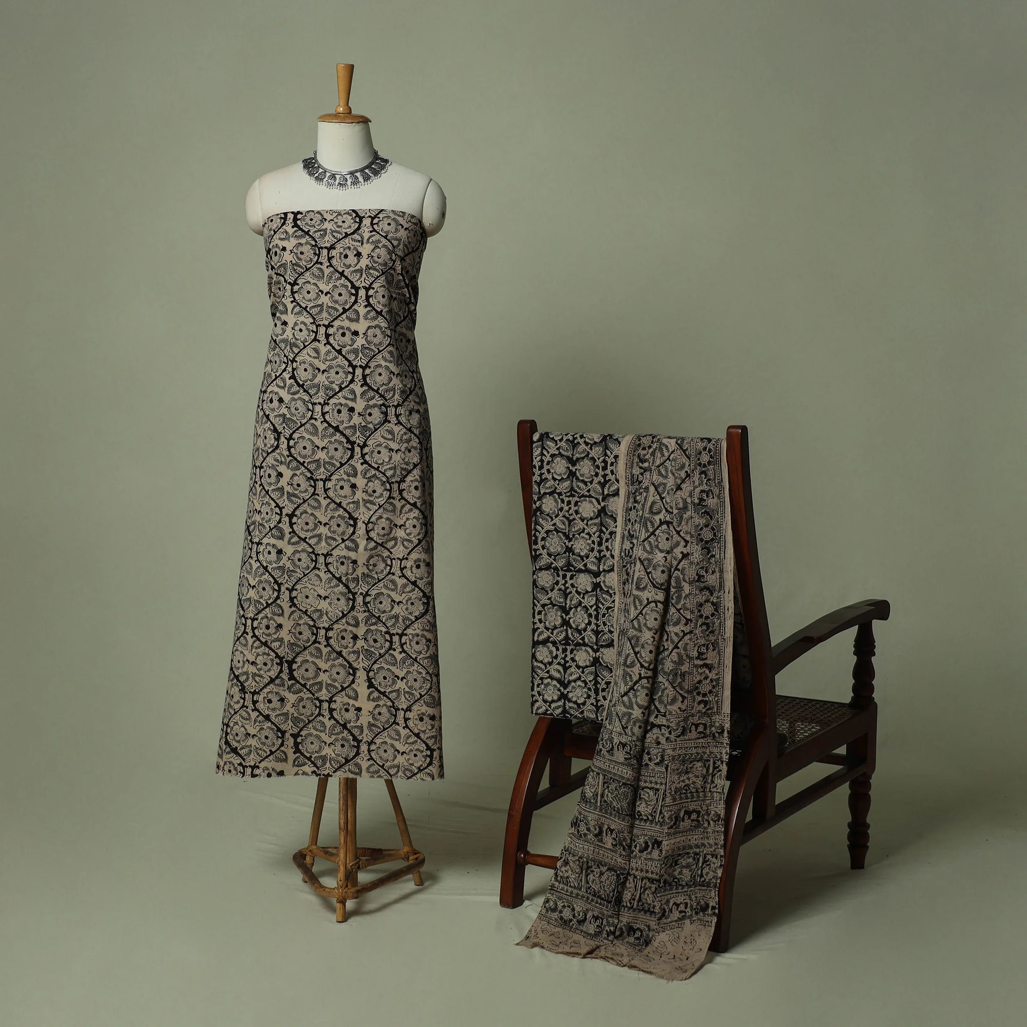 Pedana Kalamkari Hand Block Print Natural Dyed Cotton 3pc Unstitched Dress Material Suit Set 27 - Image 2