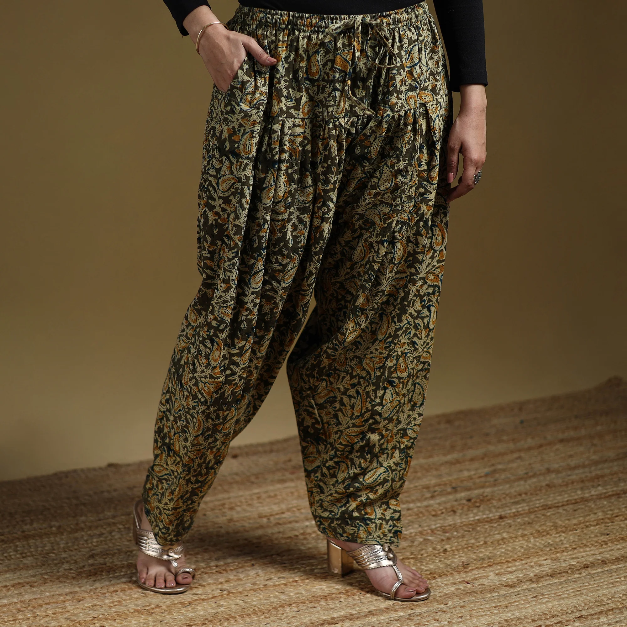 Green - Pedana Kalamkari Hand Block Print Natural Dyed Cotton Salwar 02