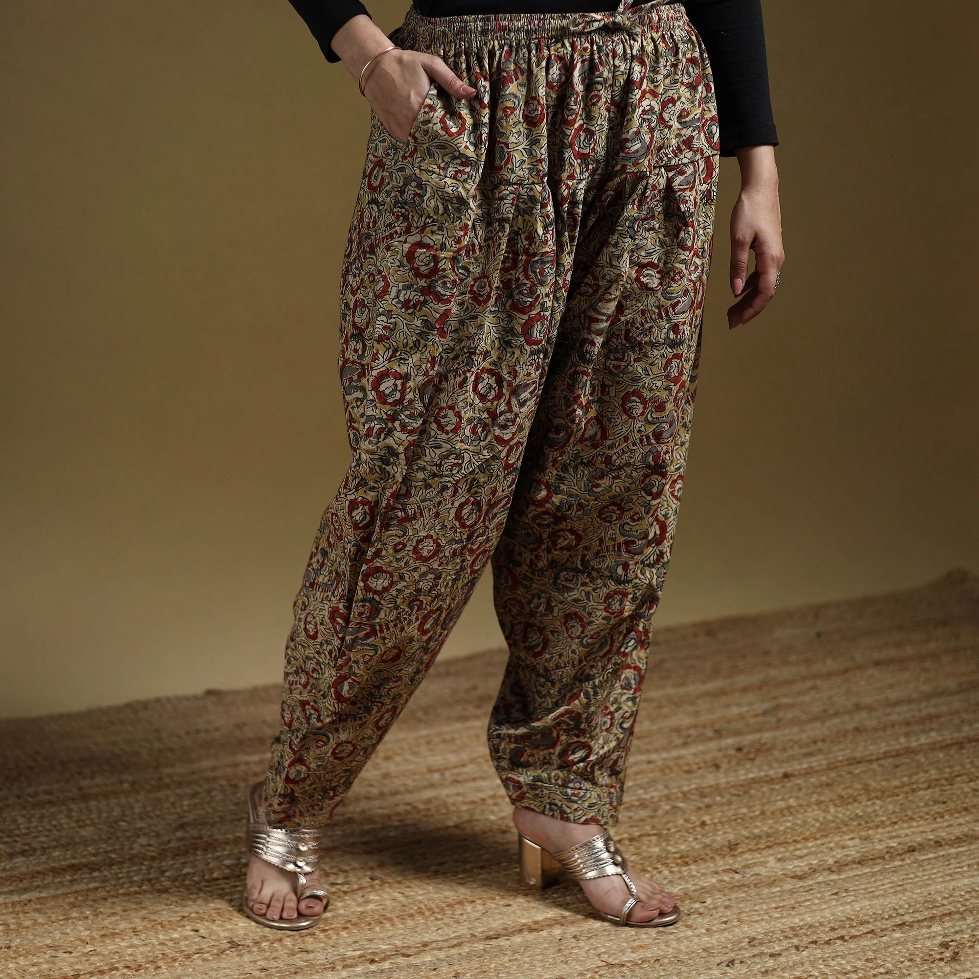 Yellow - Pedana Kalamkari Hand Block Print Natural Dyed Cotton Salwar 04