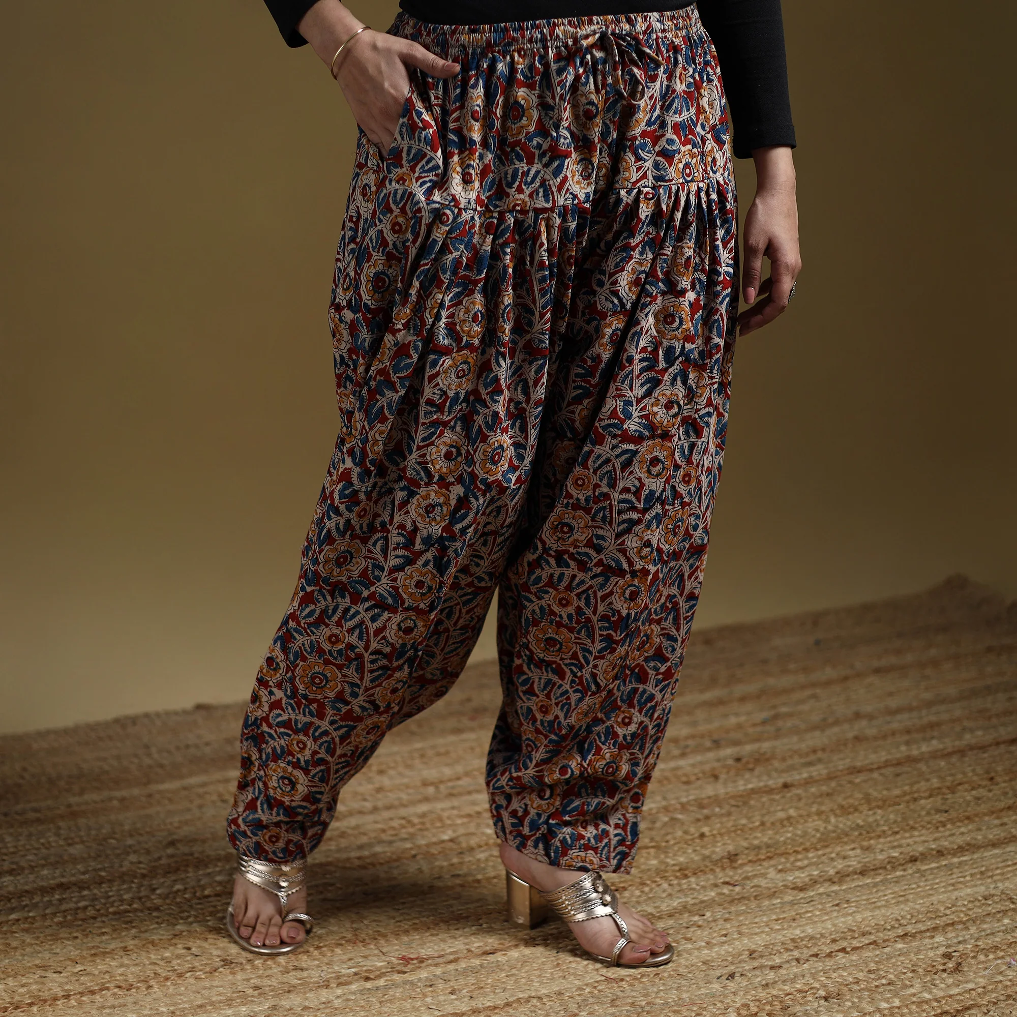 Red - Pedana Kalamkari Hand Block Print Natural Dyed Cotton Salwar 10