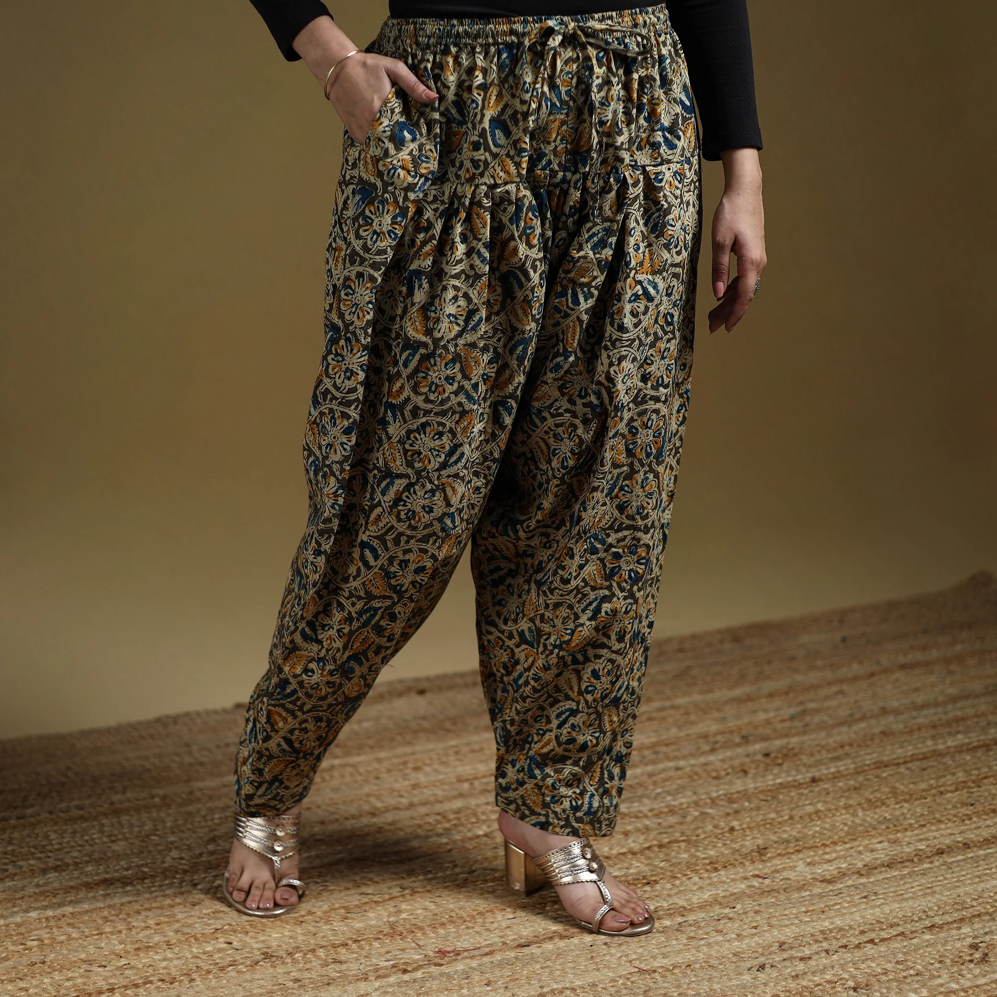Multicolor - Pedana Kalamkari Hand Block Print Natural Dyed Cotton Salwar 11