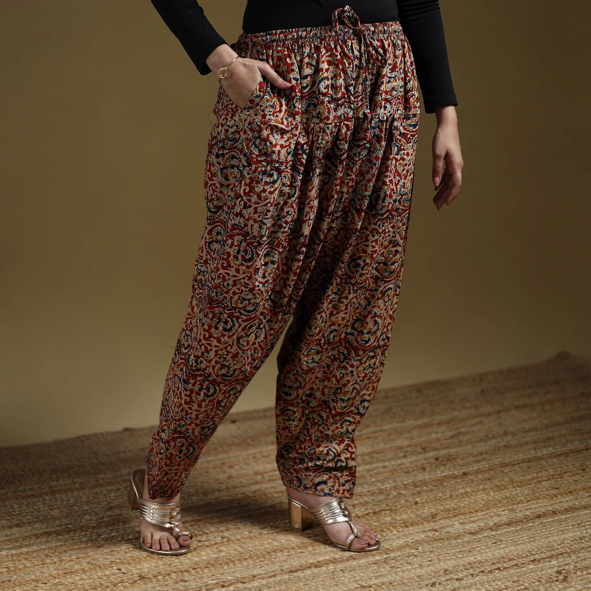 Red - Pedana Kalamkari Hand Block Print Natural Dyed Cotton Salwar 12