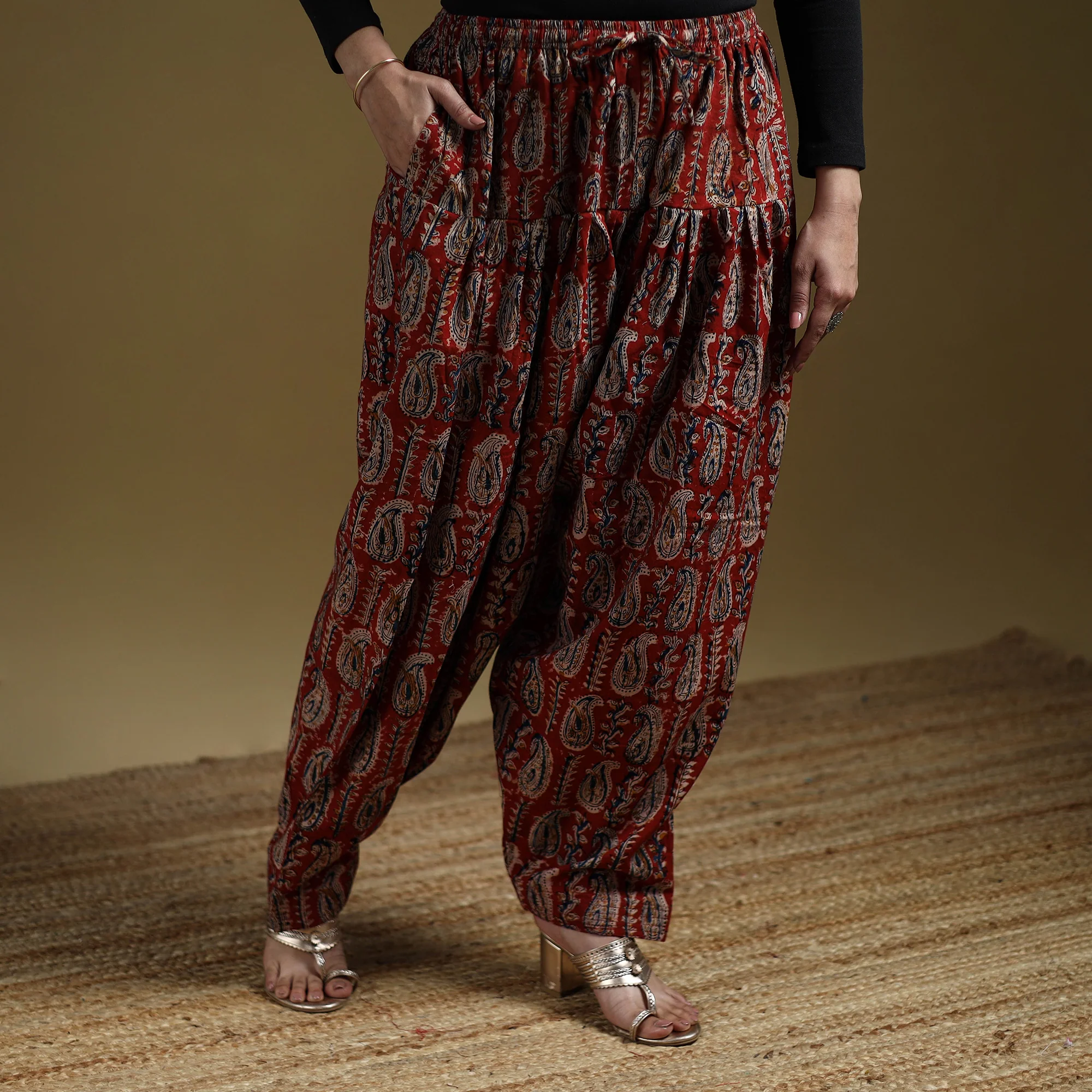 Red - Pedana Kalamkari Hand Block Print Natural Dyed Cotton Salwar 15