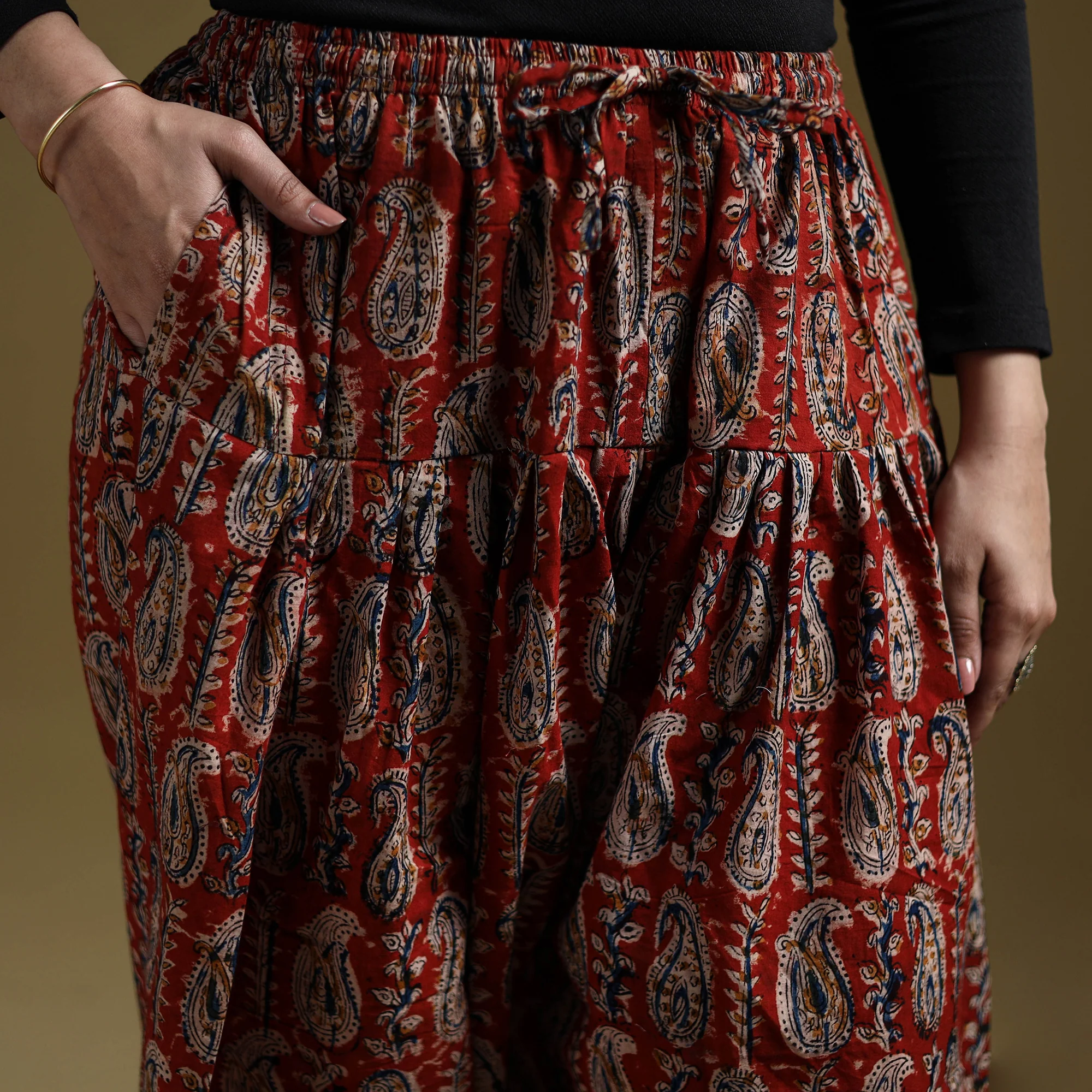 Red - Pedana Kalamkari Hand Block Print Natural Dyed Cotton Salwar 15 - Image 3
