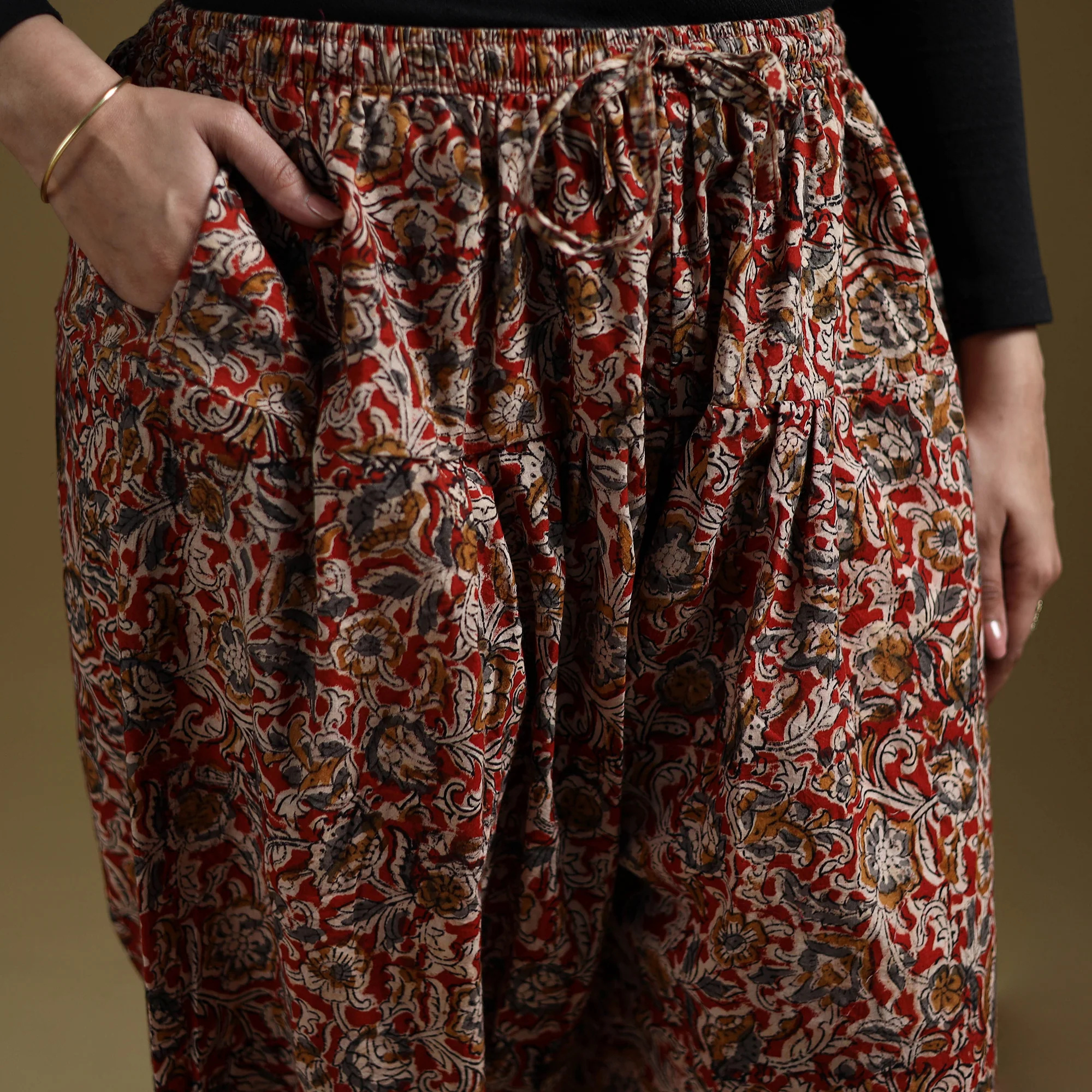 Red - Pedana Kalamkari Hand Block Print Natural Dyed Cotton Salwar 19 - Image 3
