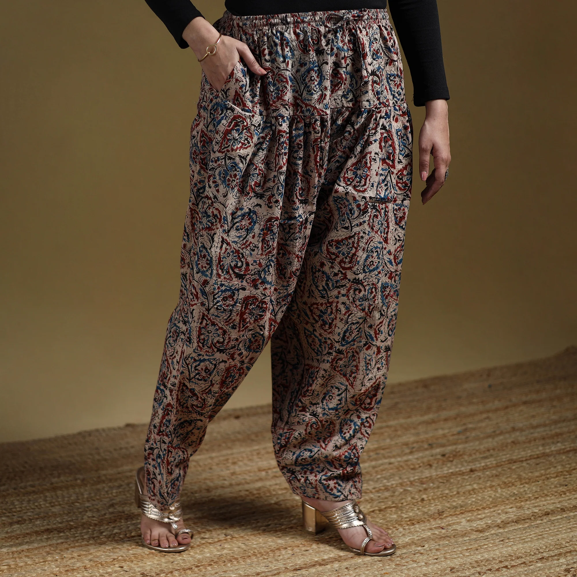 Beige - Pedana Kalamkari Hand Block Print Natural Dyed Cotton Salwar 20