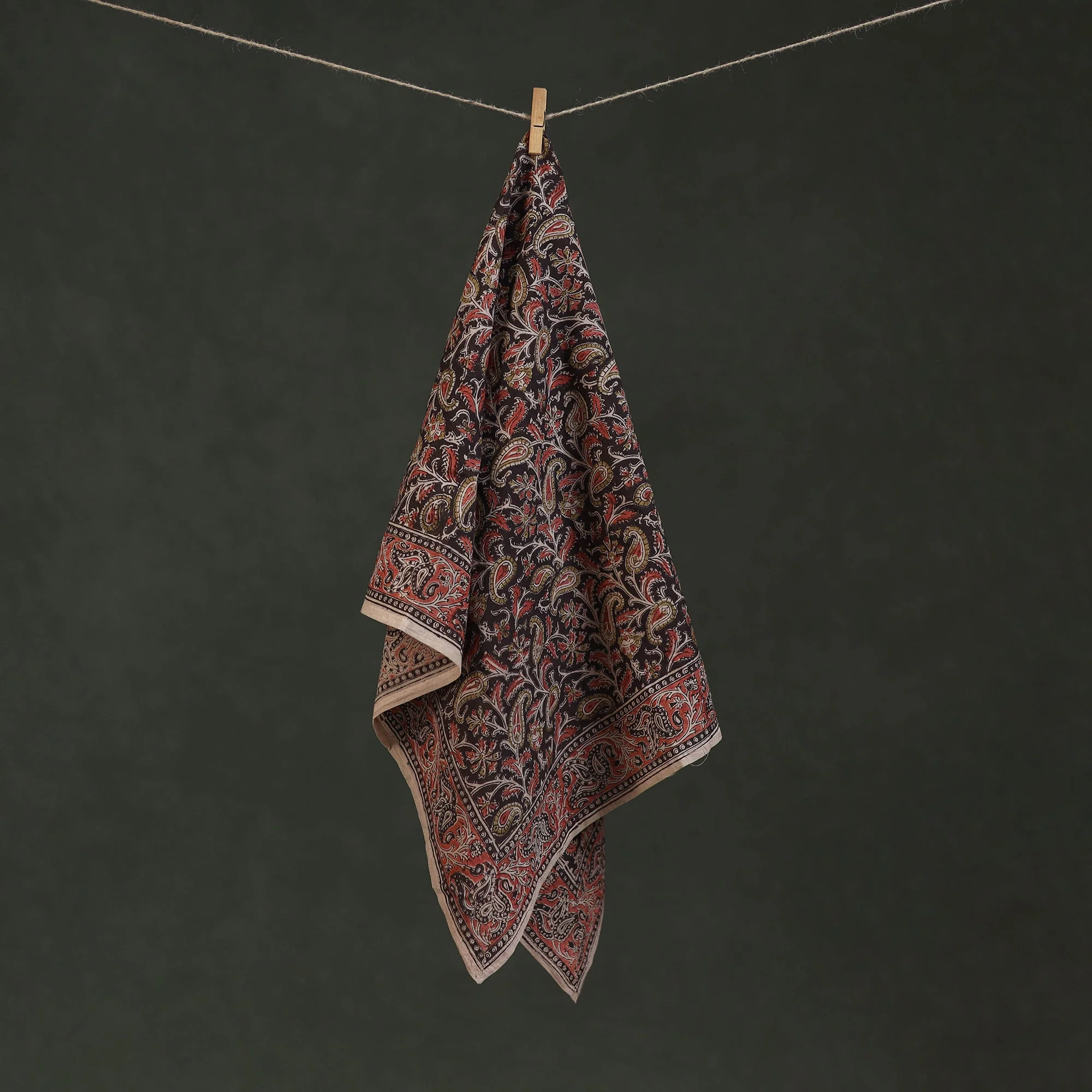 Black - Pedana Kalamkari Hand Block Print Natural Dyed Cotton Scarf 02 - Image 3
