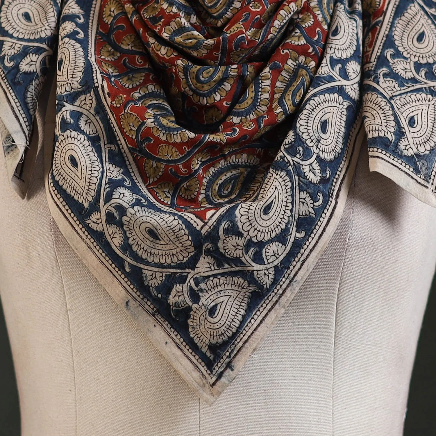 Red - Pedana Kalamkari Hand Block Print Natural Dyed Cotton Scarf 36 - Image 2