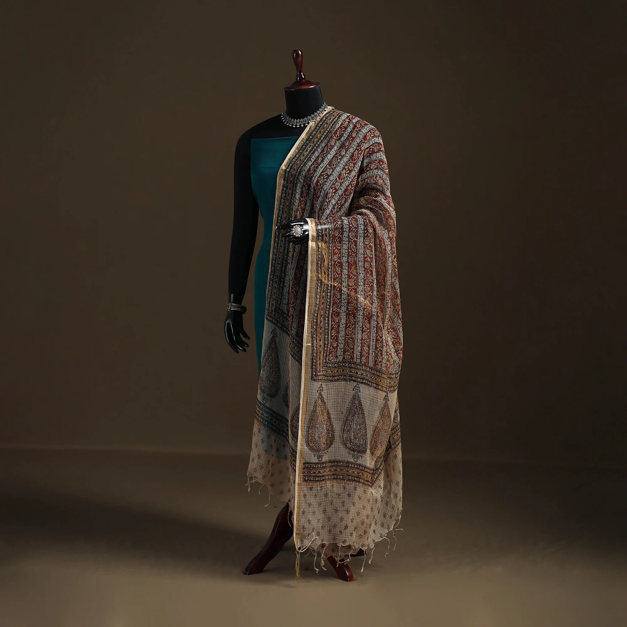 Pedana Kalamkari Hand Block Print Natural Dyed Kota Doria Cotton Dupatta 01