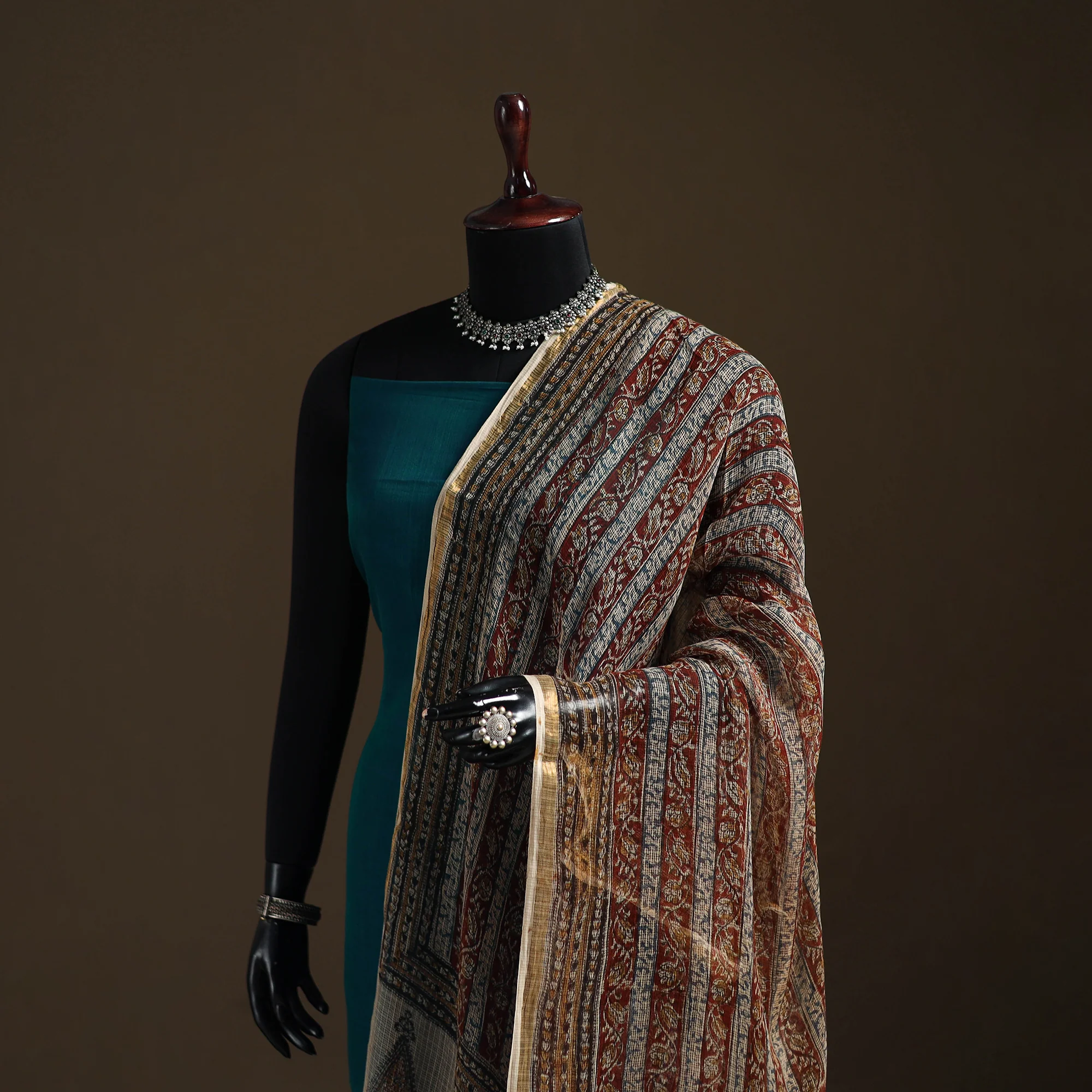 Pedana Kalamkari Hand Block Print Natural Dyed Kota Doria Cotton Dupatta 01 - Image 2