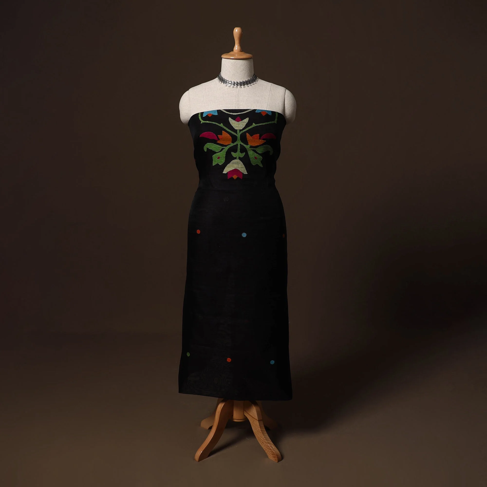 Black - Phulia Jamdani Weave Handloom Silk Cotton Unstitched Kurta Material (2.5M) 06