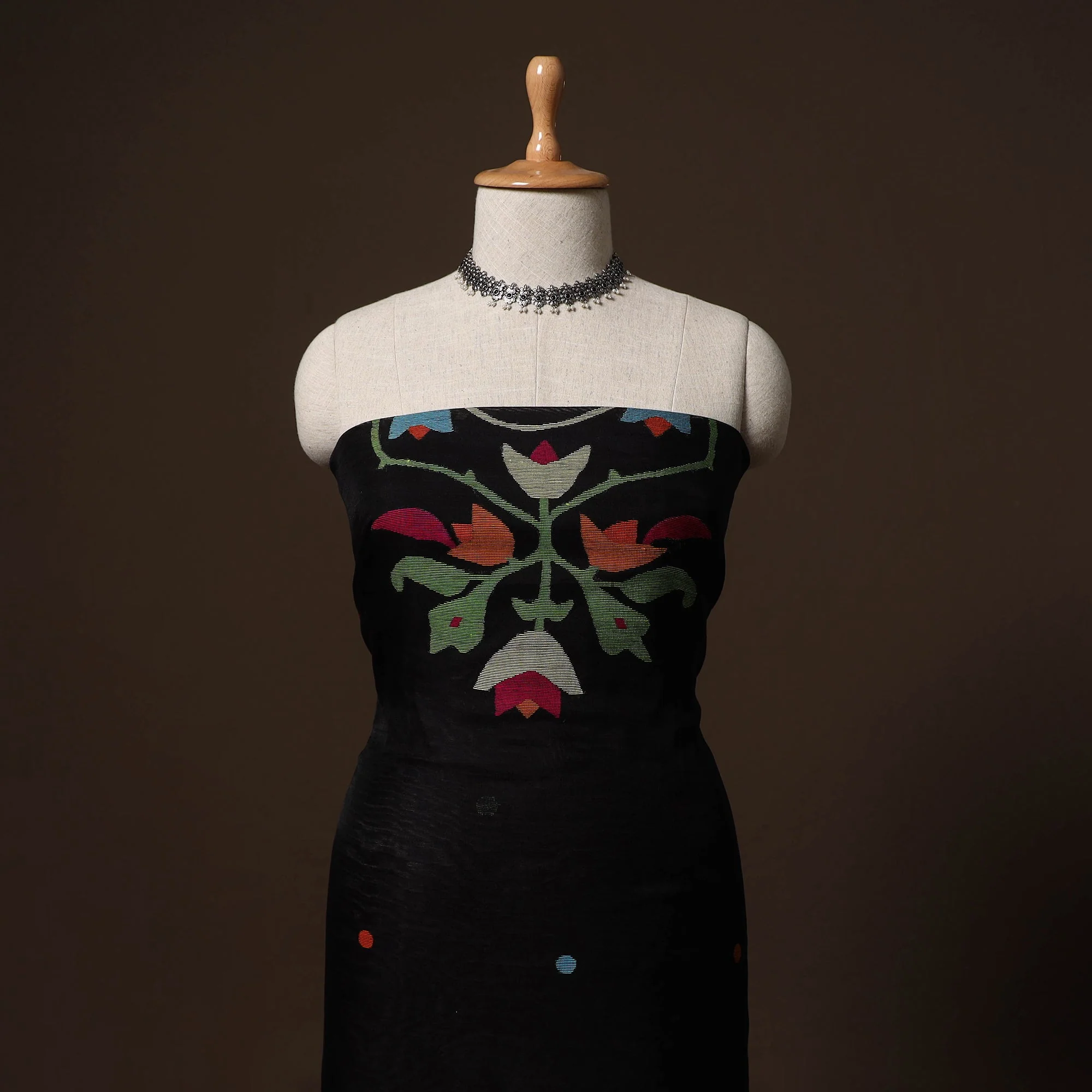 Black - Phulia Jamdani Weave Handloom Silk Cotton Unstitched Kurta Material (2.5M) 06 - Image 2