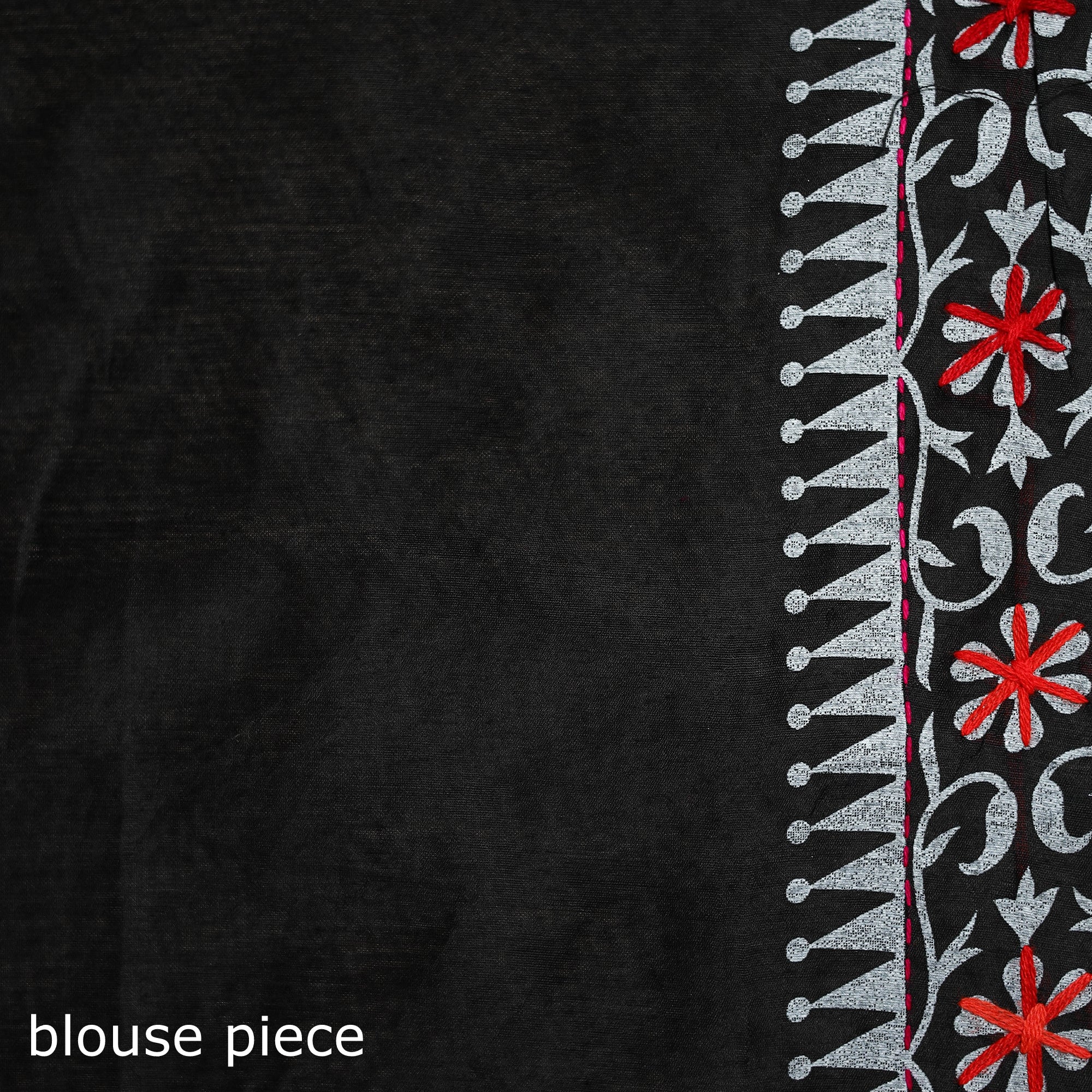 Black - Phulkari Hand Embroidered Chanderi Silk Chapa Work Saree 01 - Image 5