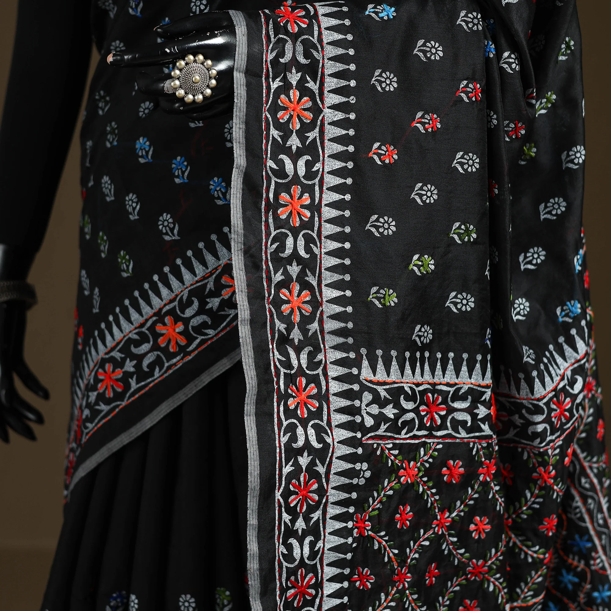 Black - Phulkari Hand Embroidered Chanderi Silk Chapa Work Saree 02 - Image 3