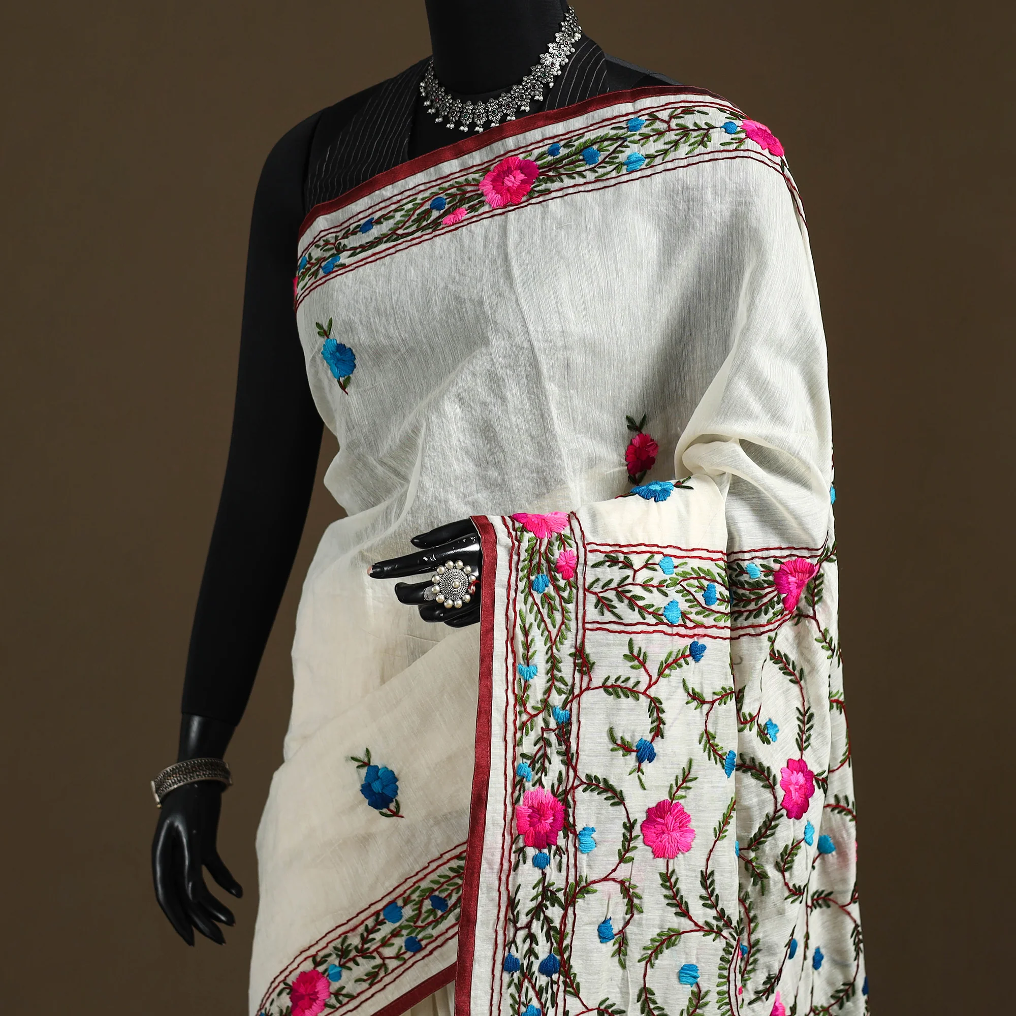 White - Phulkari Hand Embroidered Chanderi Silk Chapa Work Saree 09 - Image 2