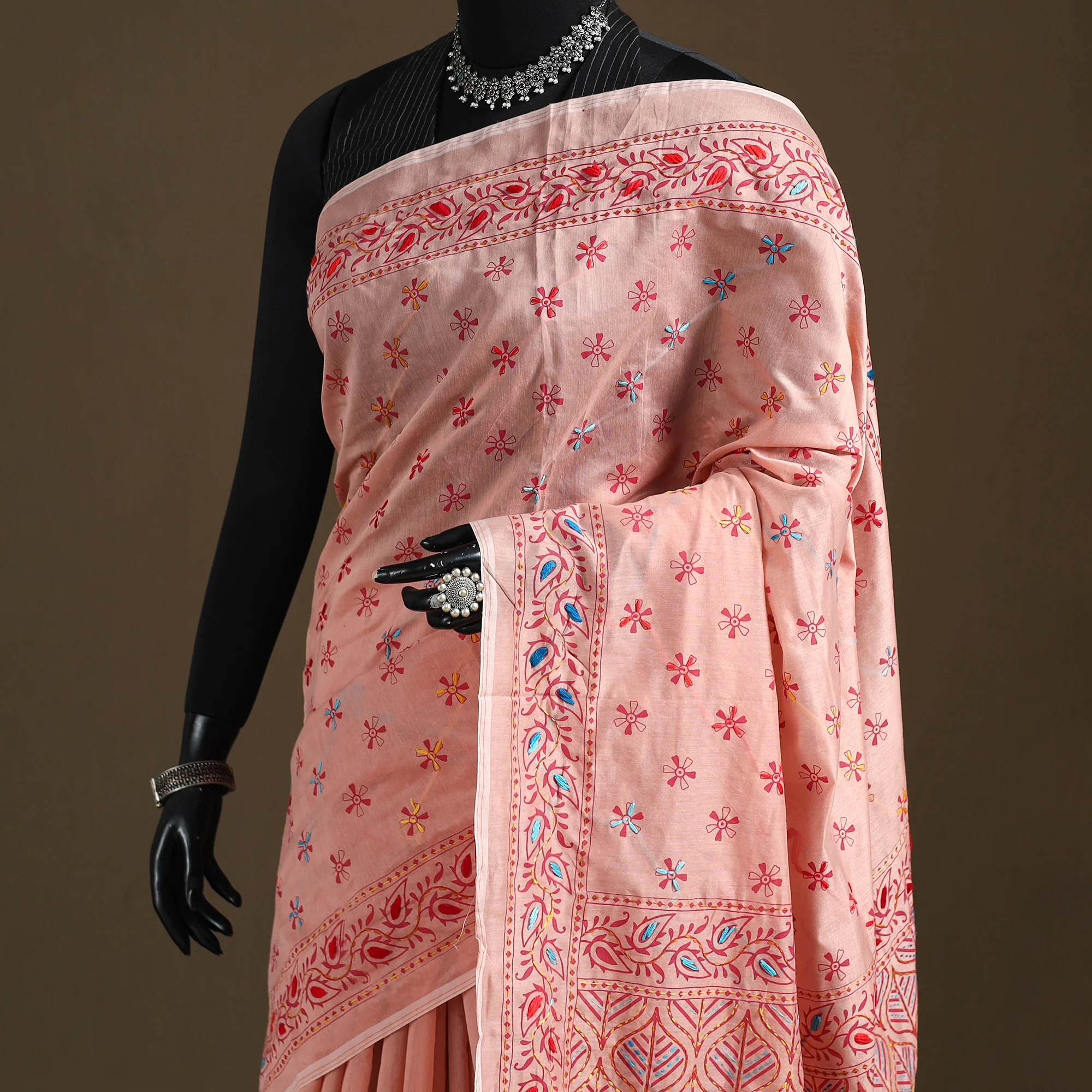 Peach - Phulkari Hand Embroidered Chanderi Silk Chapa Work Saree 18 - Image 2