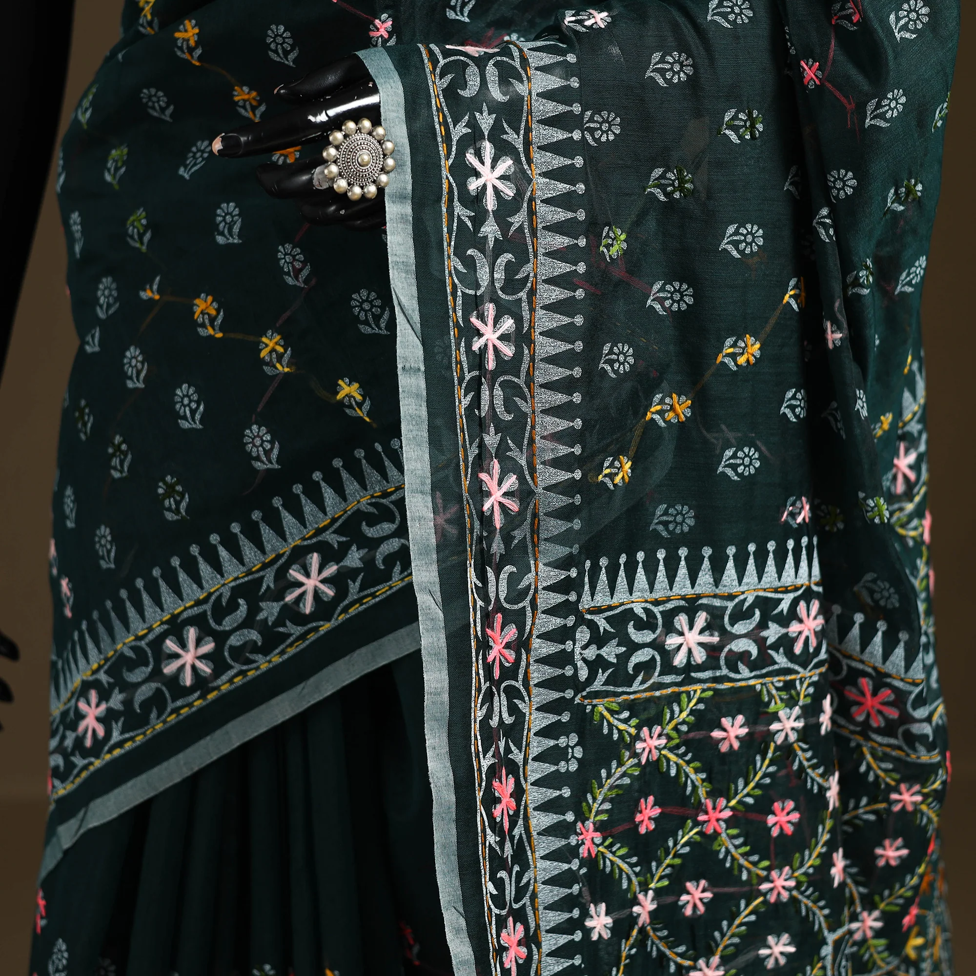 Green - Phulkari Hand Embroidered Chanderi Silk Chapa Work Saree 24 - Image 3