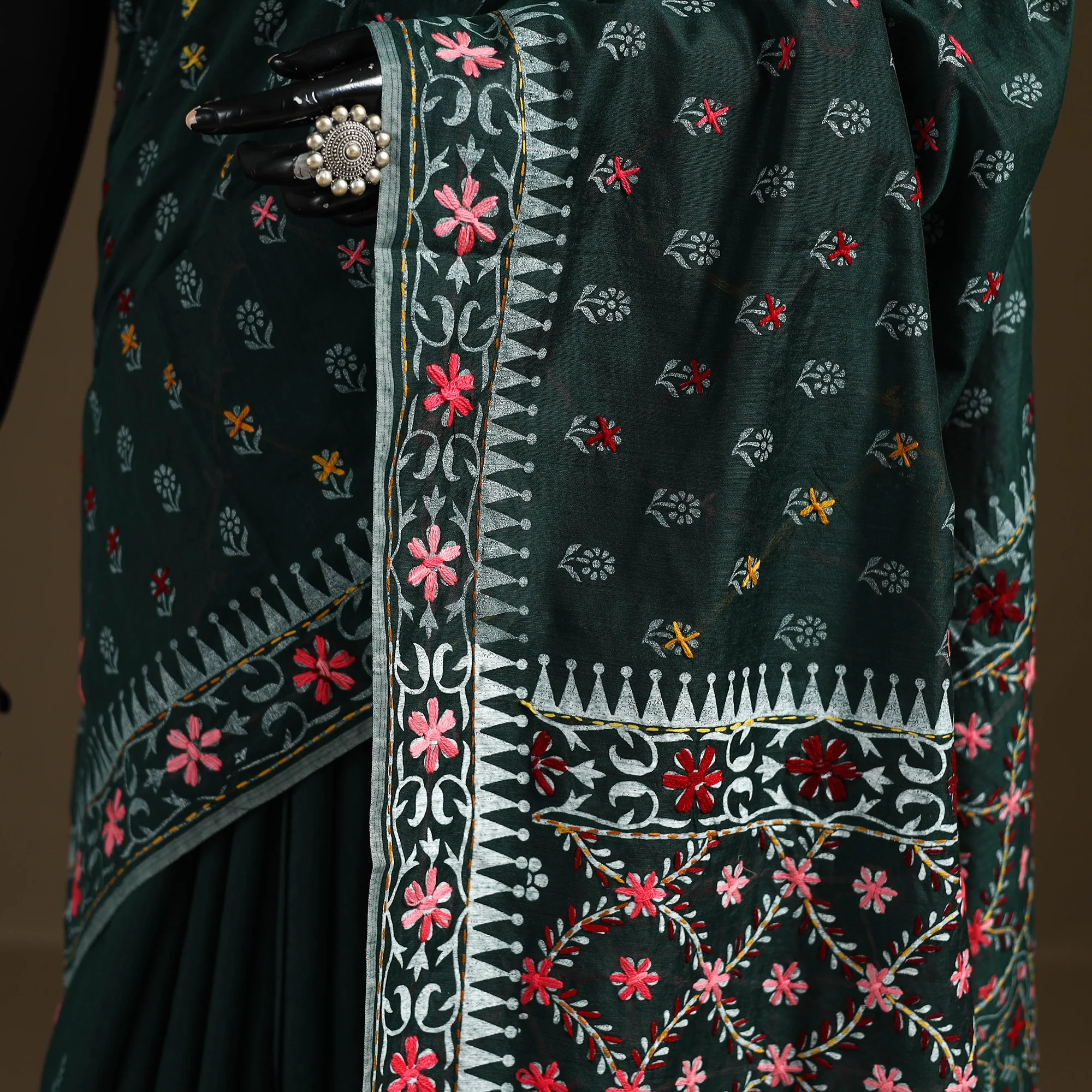 Green - Phulkari Hand Embroidered Chanderi Silk Chapa Work Saree 25 - Image 3