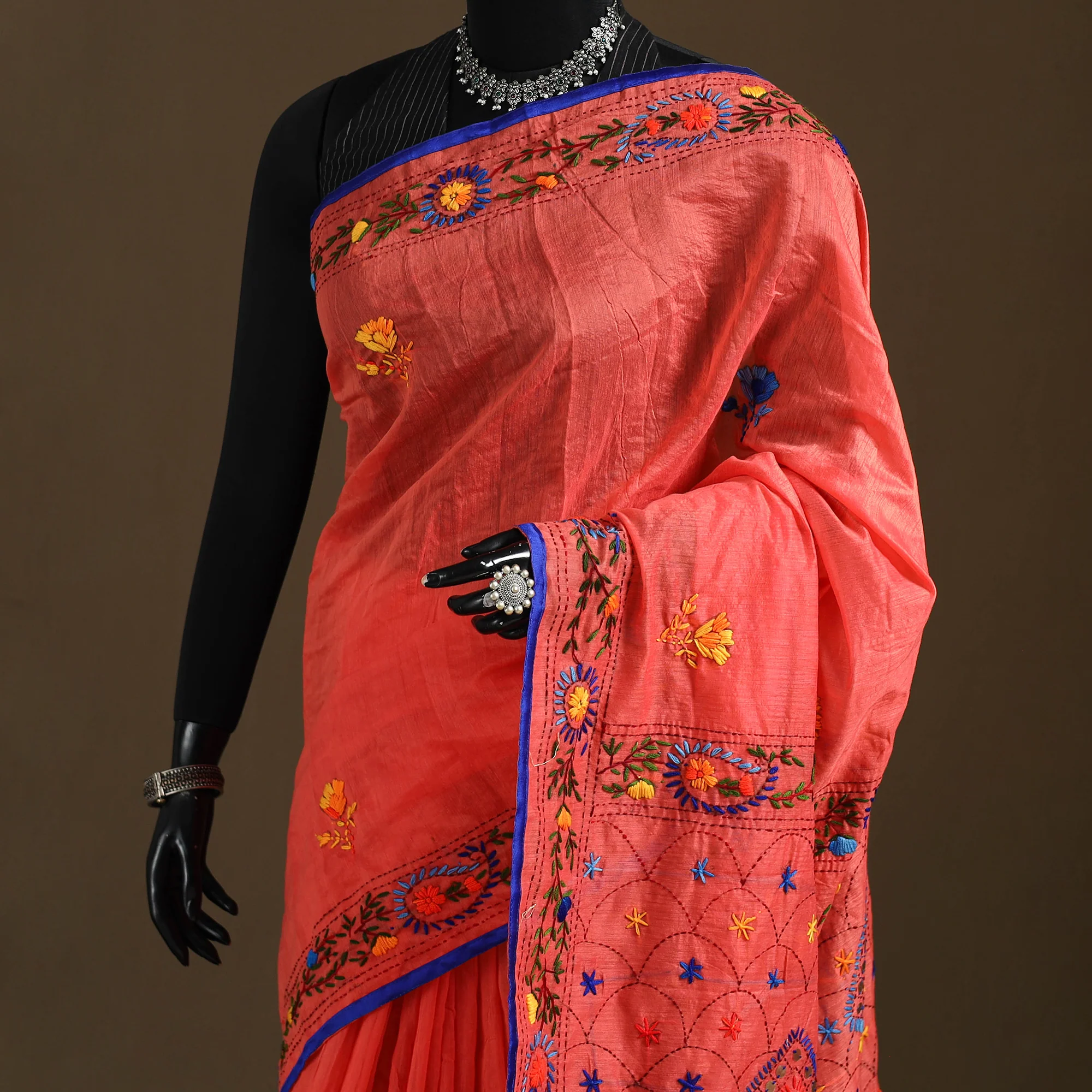 Orange - Phulkari Hand Embroidered Chanderi Silk Chapa Work Saree 26 - Image 2