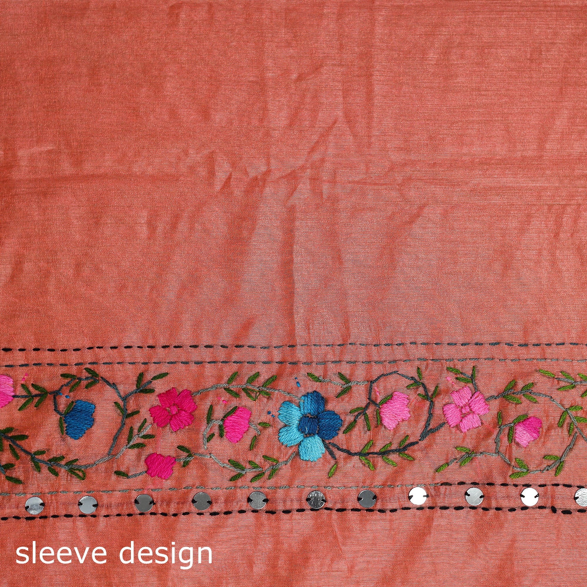 Orange - Phulkari Hand Embroidered Chanderi Silk Chapa Work Saree 28 - Image 4