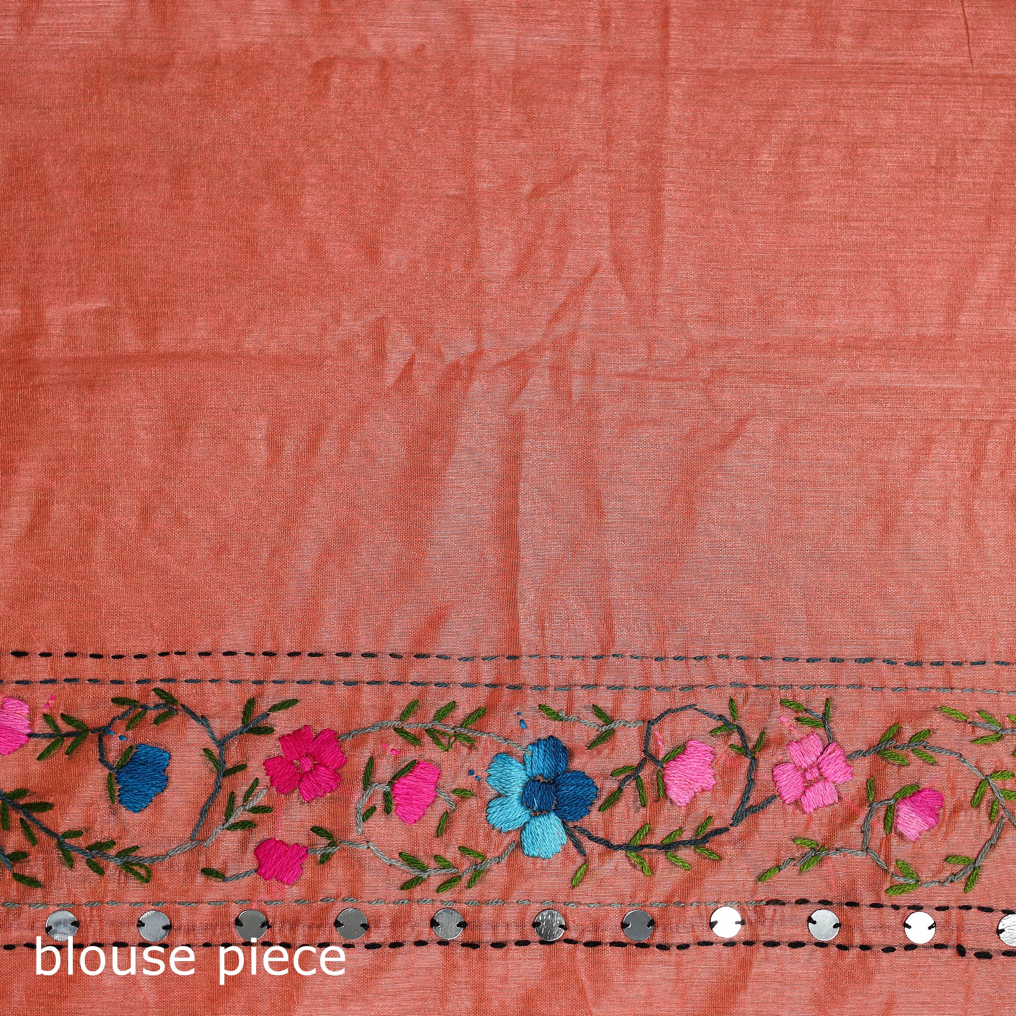 Orange - Phulkari Hand Embroidered Chanderi Silk Chapa Work Saree 28 - Image 5