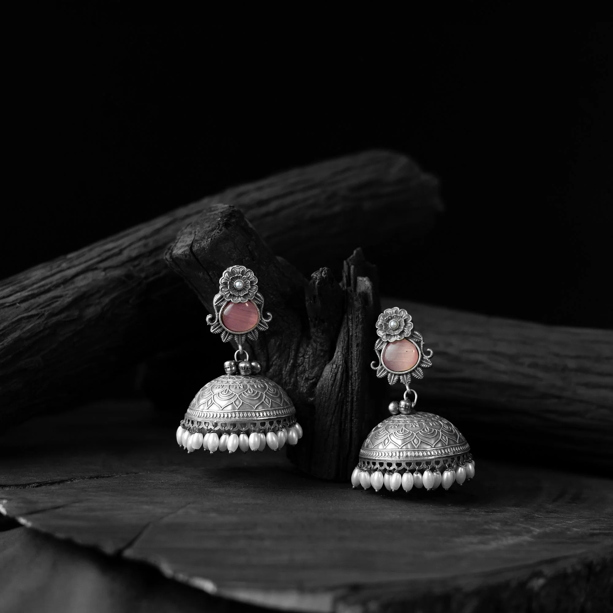 Pink - Saanjh Bela Flower & Leaves Oxidised Jhumka Earrings