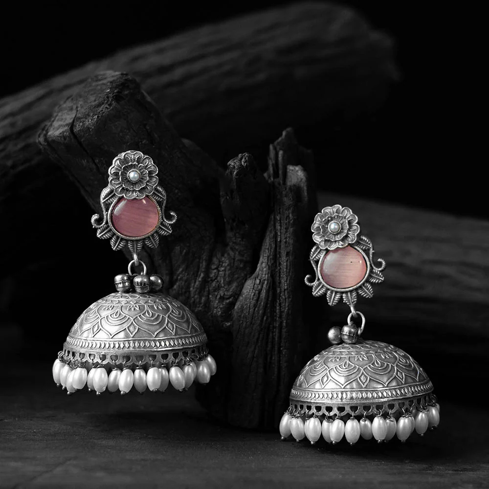 Pink - Saanjh Bela Flower & Leaves Oxidised Jhumka Earrings - Image 2
