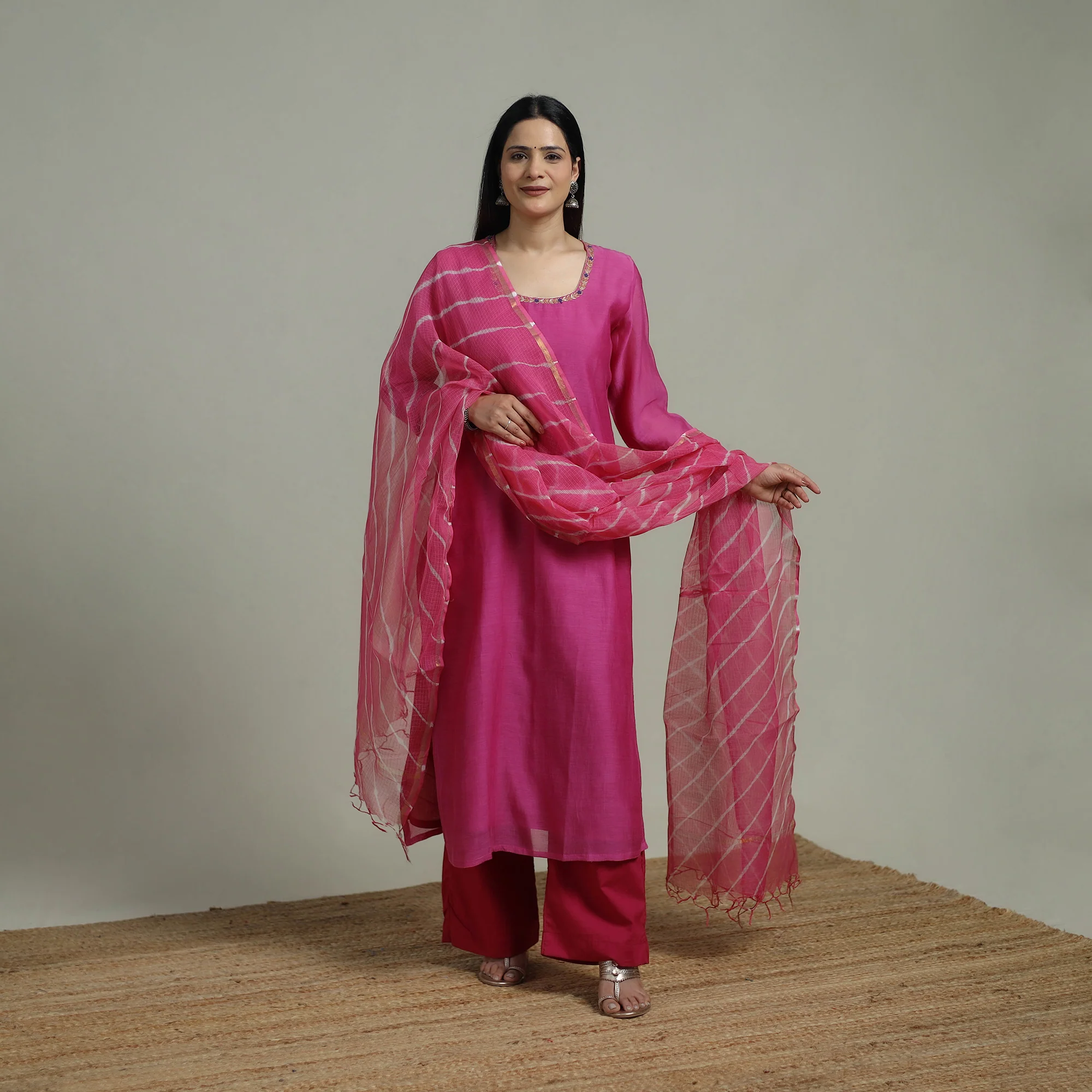 Pink - Plain Handloom Mul Chanderi Silk Hand Embroidered Suit Set with Dupatta for women 01